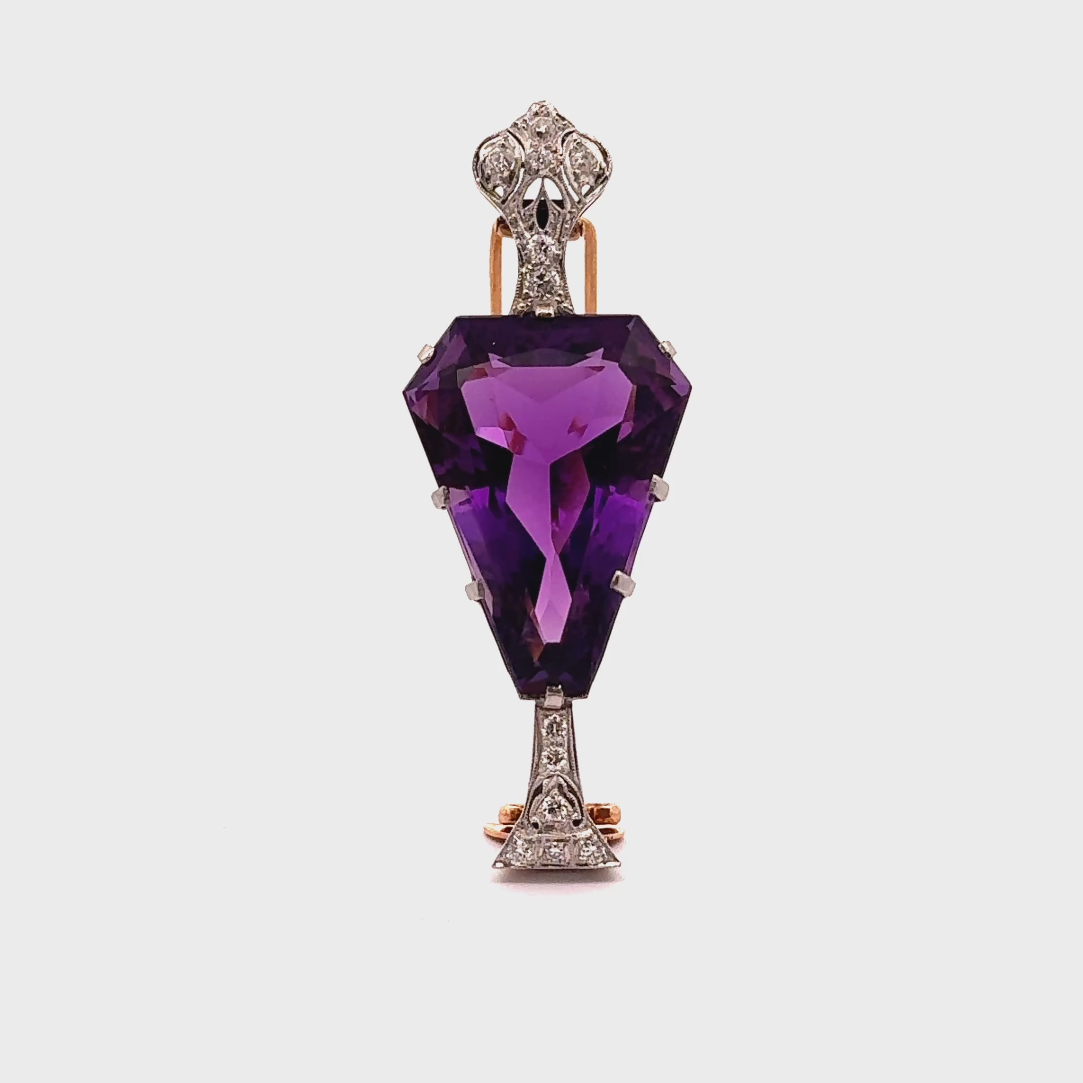 Antique 35.00 Carat Amethyst Diamond Platinum & 14k Yellow Gold Brooch
