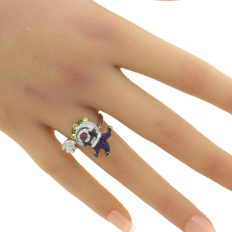 Diamond Sapphire Ruby 18K White Gold Clown Ring