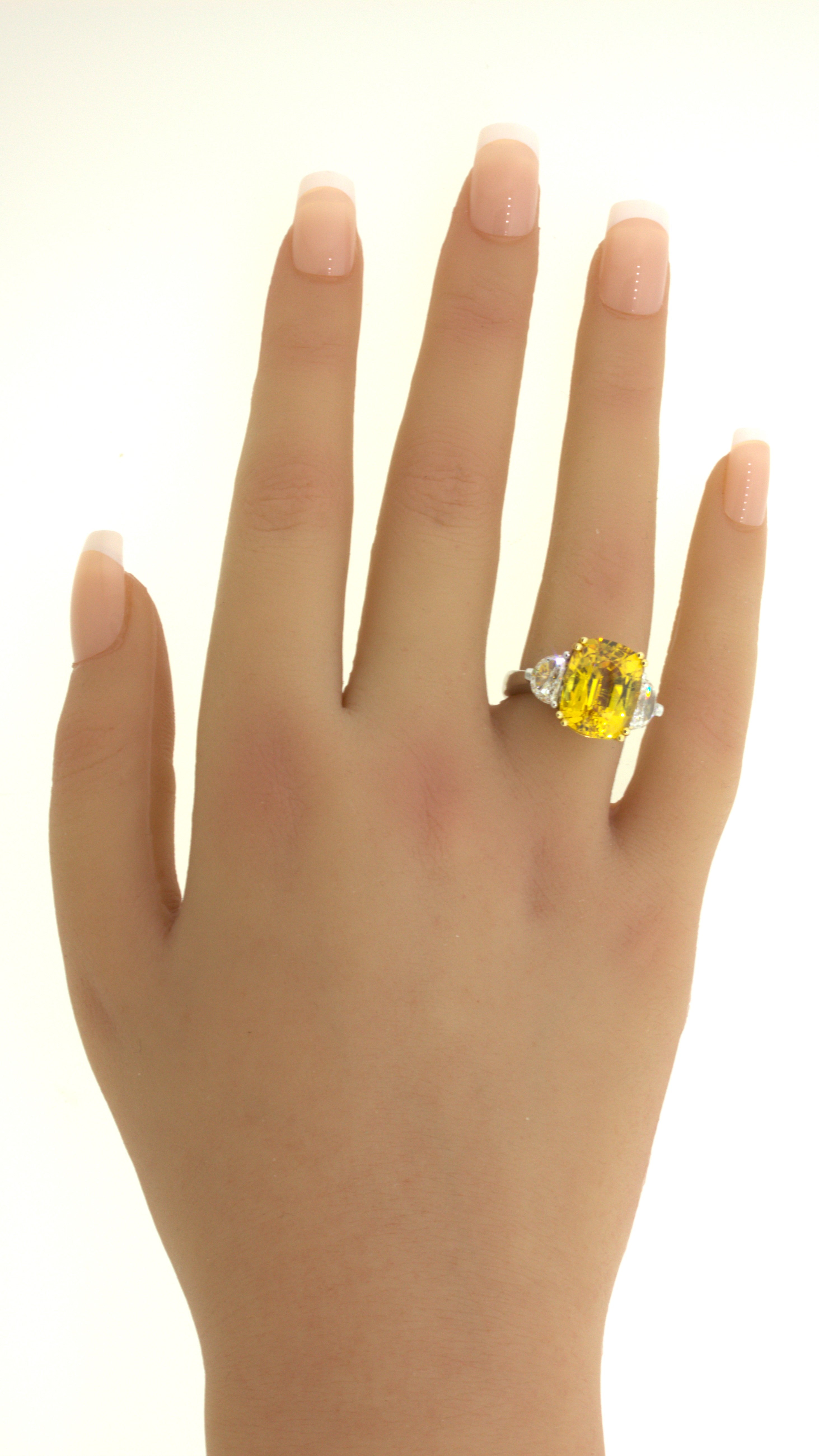 12.35 Carat Fancy Yellow Sapphire Diamond 18K White Gold 3-Stone Ring