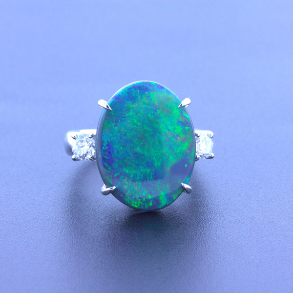 7.92 Carat Australian Black Opal Diamond 3-Stone Platinum Ring
