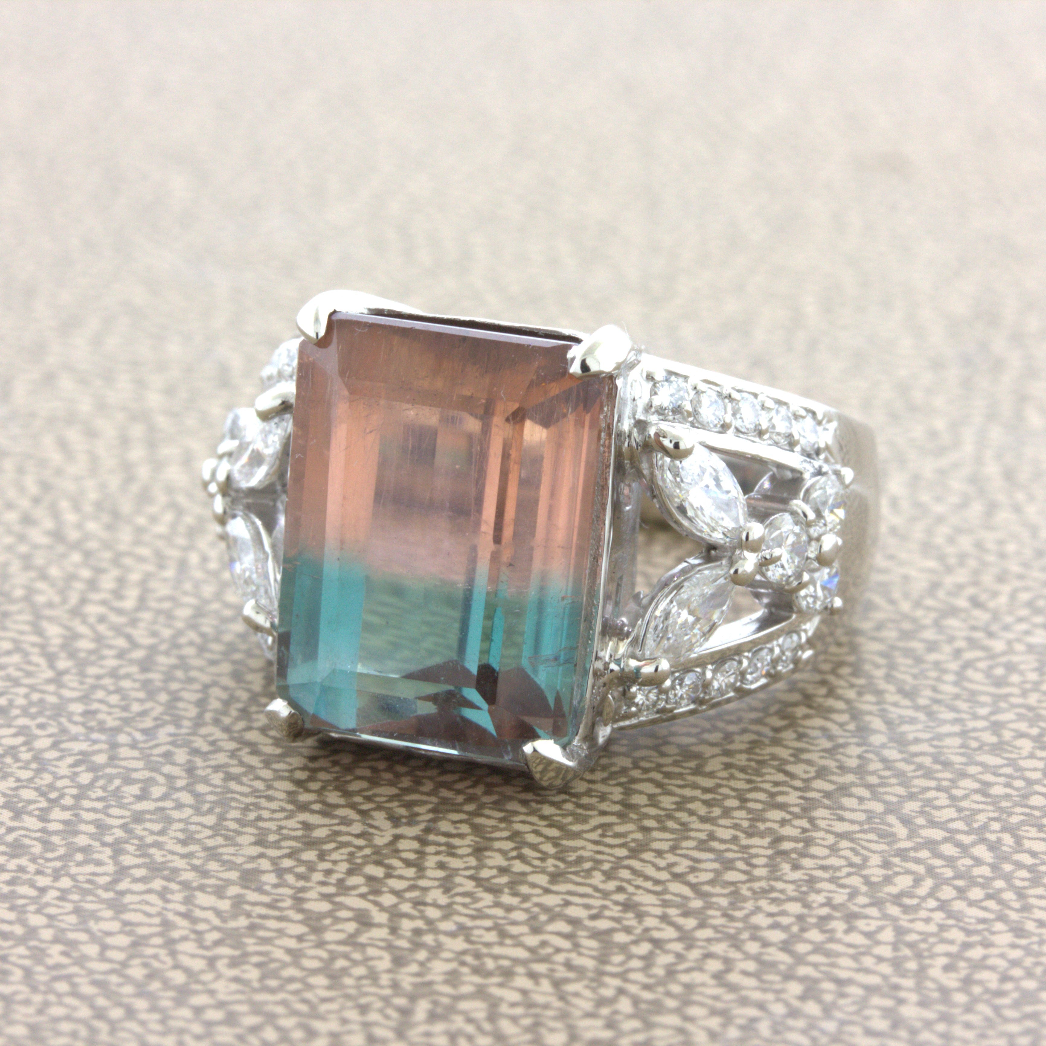 Bi-Color Tourmaline Diamond Platinum Floral Ring
