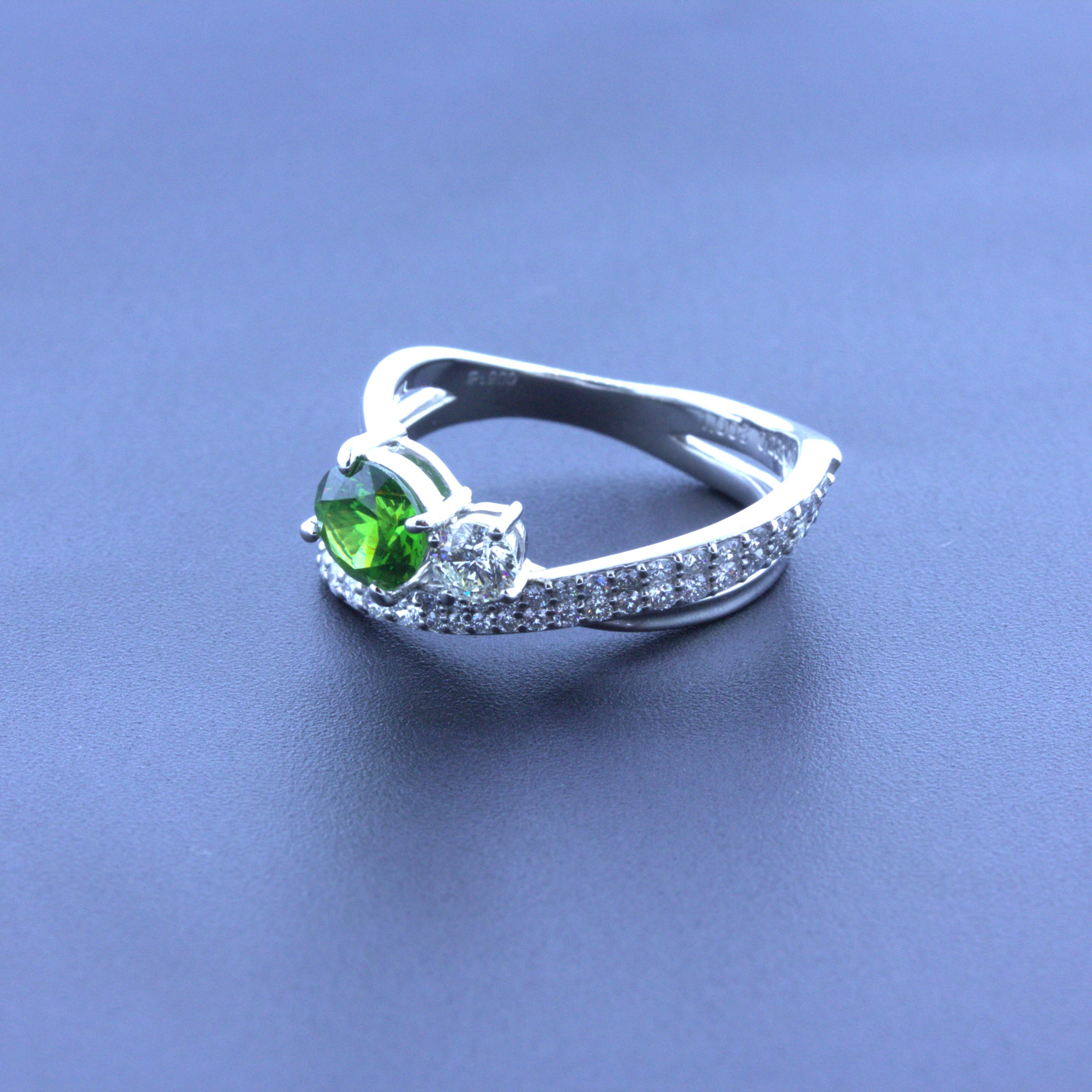 1.00 Carat Russian Demantoid Garnet Diamond Platinum Ring