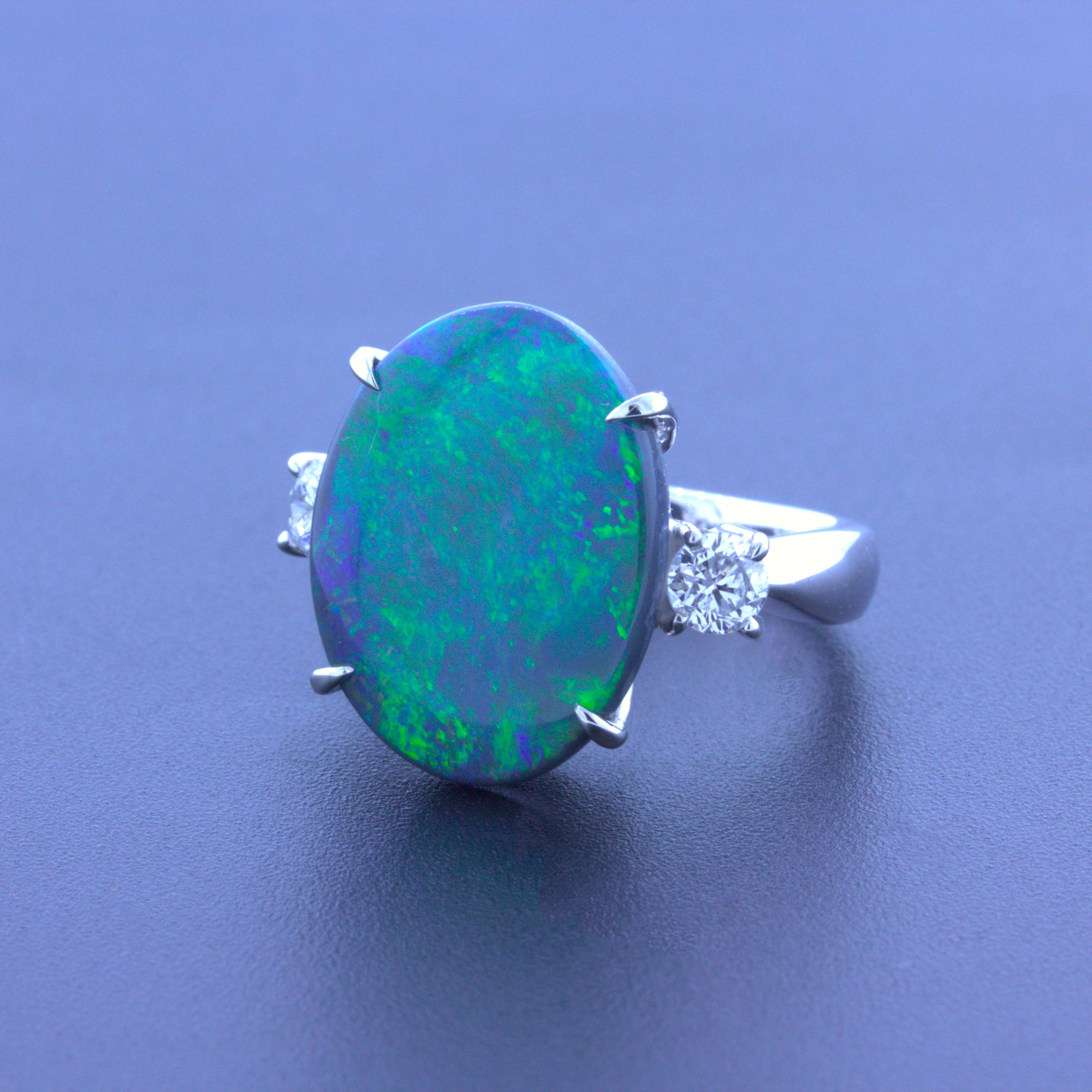 7.92 Carat Australian Black Opal Diamond 3-Stone Platinum Ring