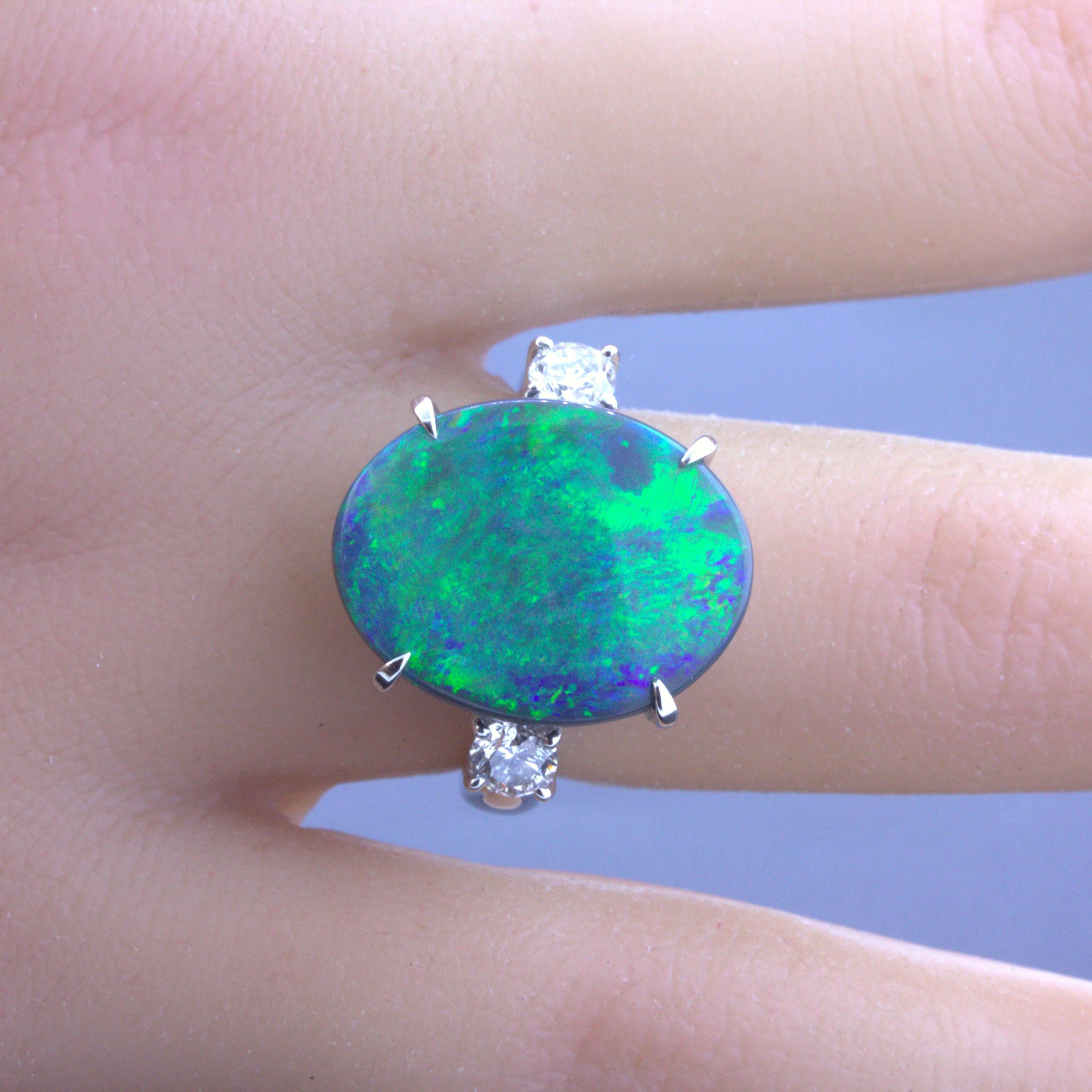 7.92 Carat Australian Black Opal Diamond 3-Stone Platinum Ring