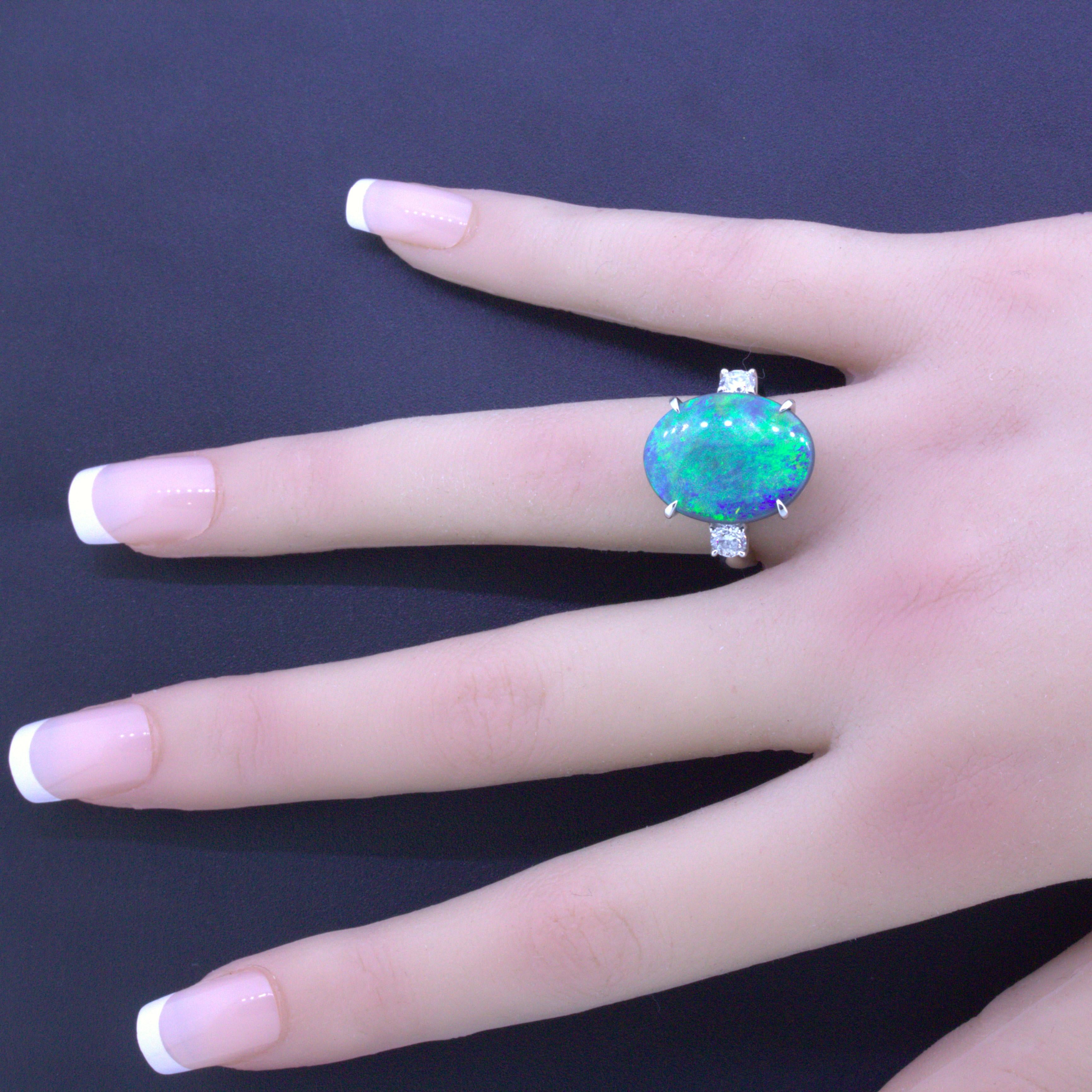 7.92 Carat Australian Black Opal Diamond 3-Stone Platinum Ring