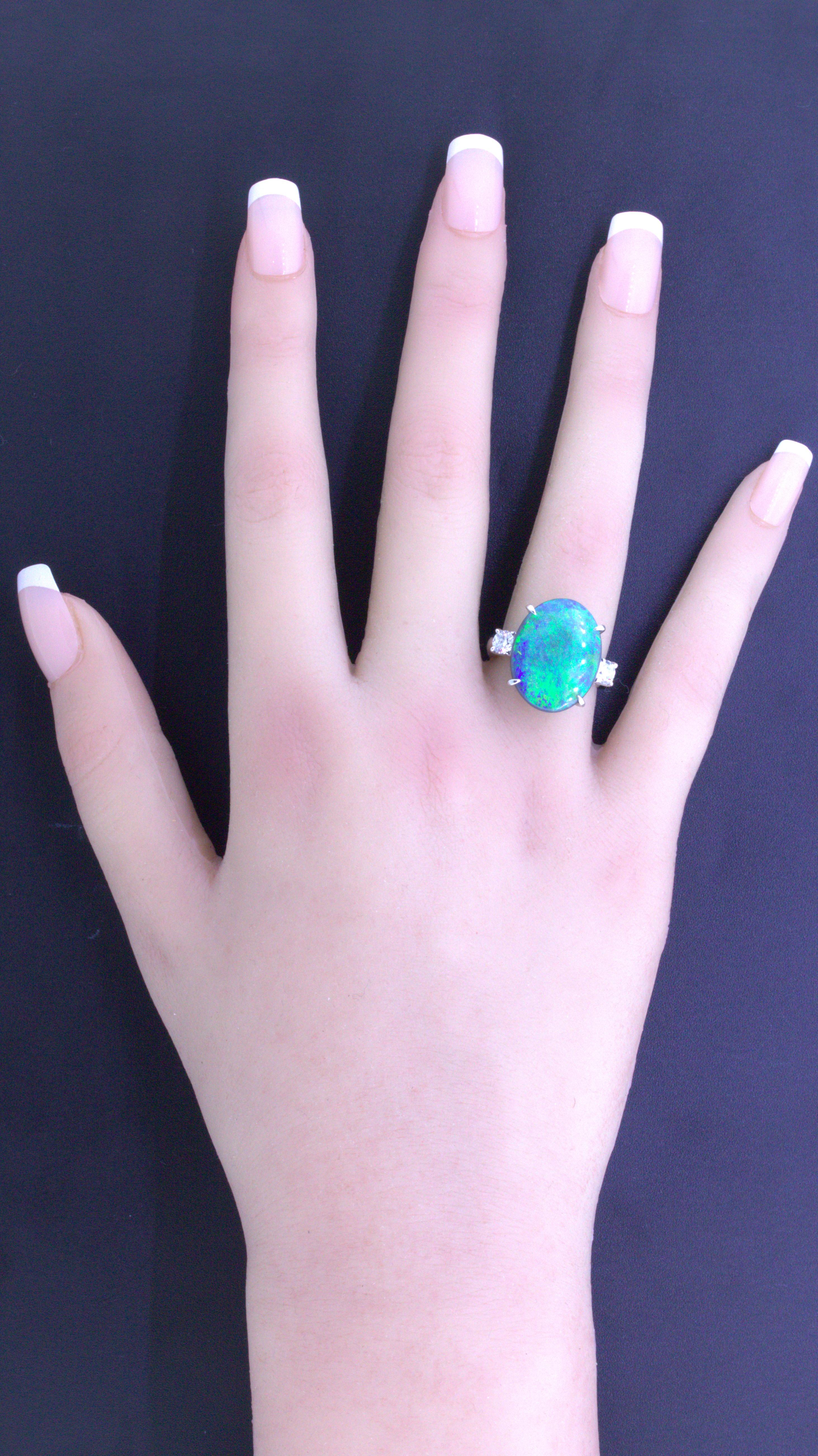 7.92 Carat Australian Black Opal Diamond 3-Stone Platinum Ring