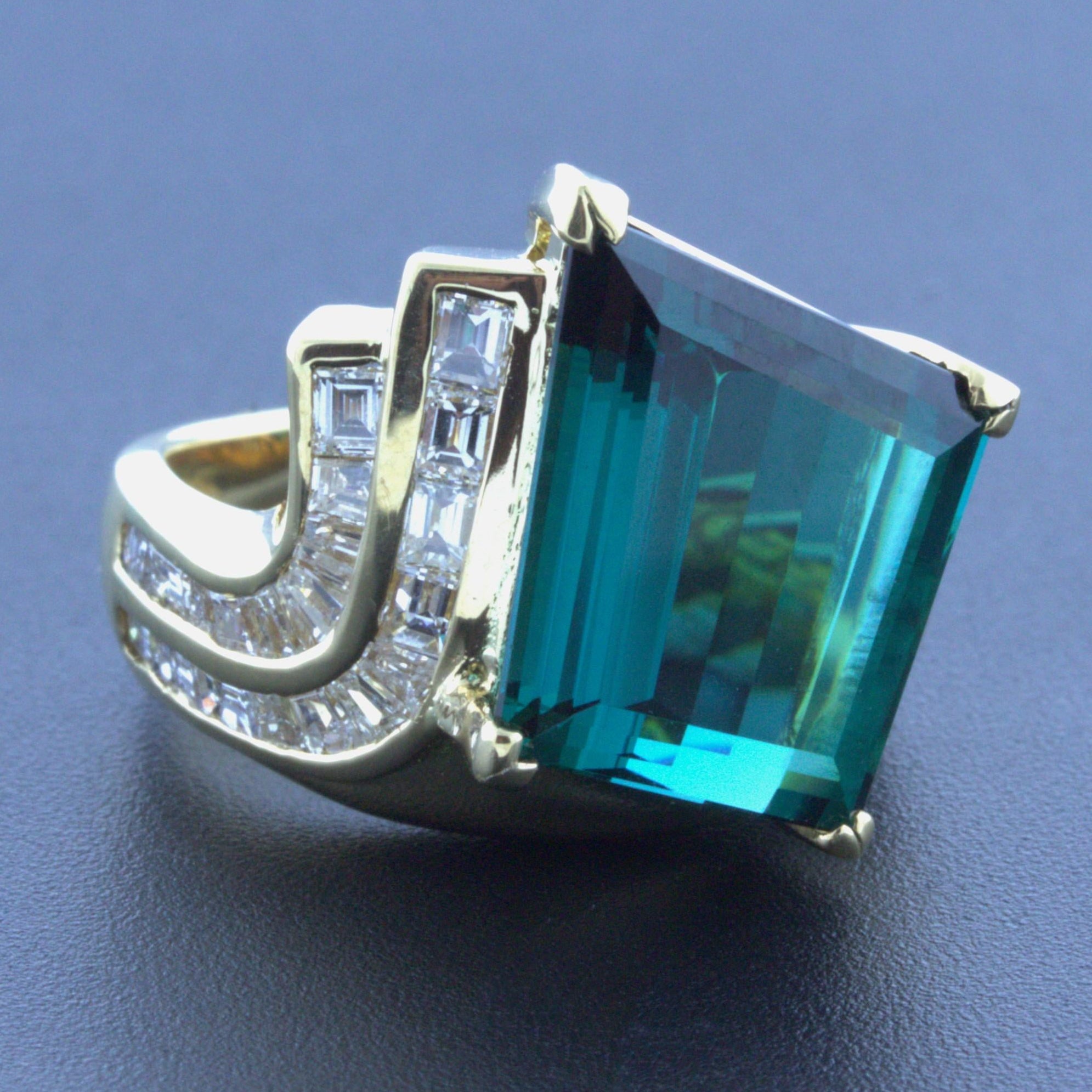 10.62 Carat Indicolite Tourmaline Diamond 18k Yellow Gold Ring