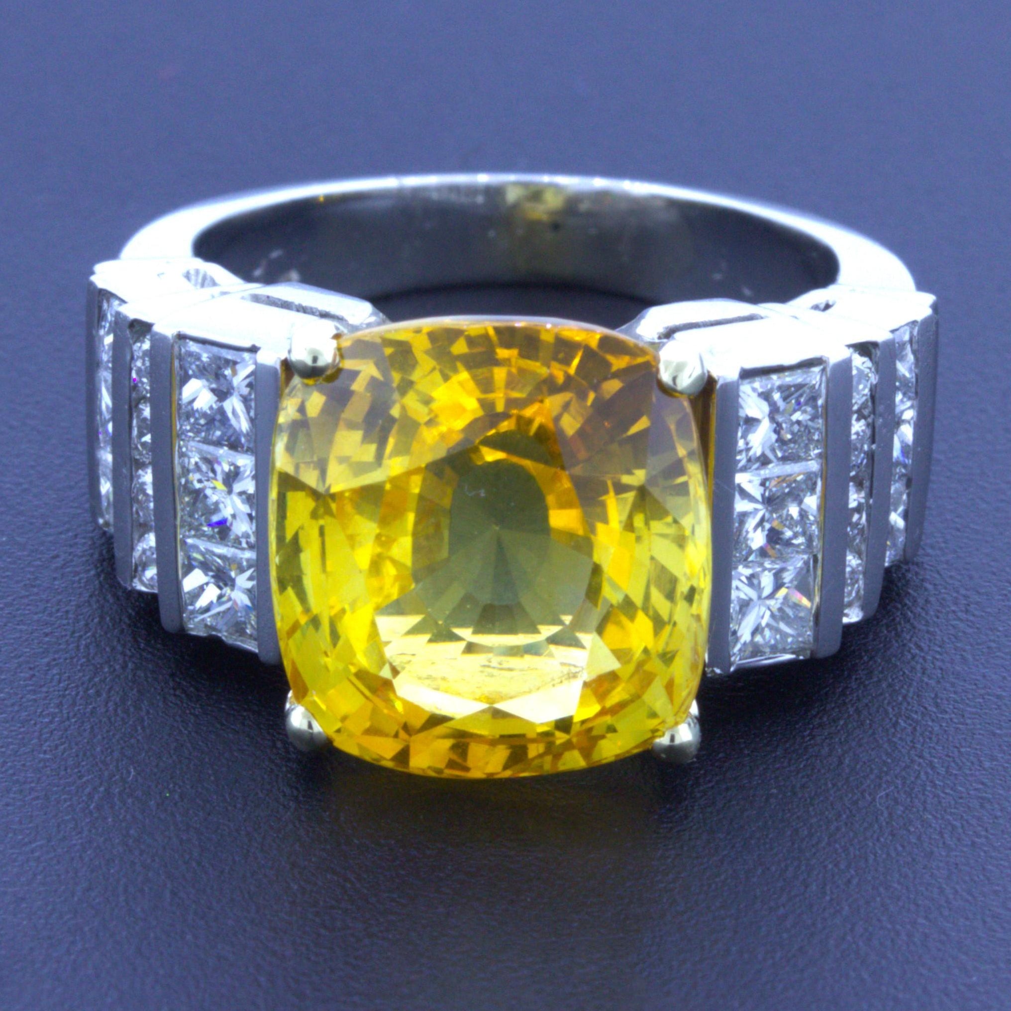 9.41 Carat Yellow Sapphire Diamond Platinum Ring, GIA Certified