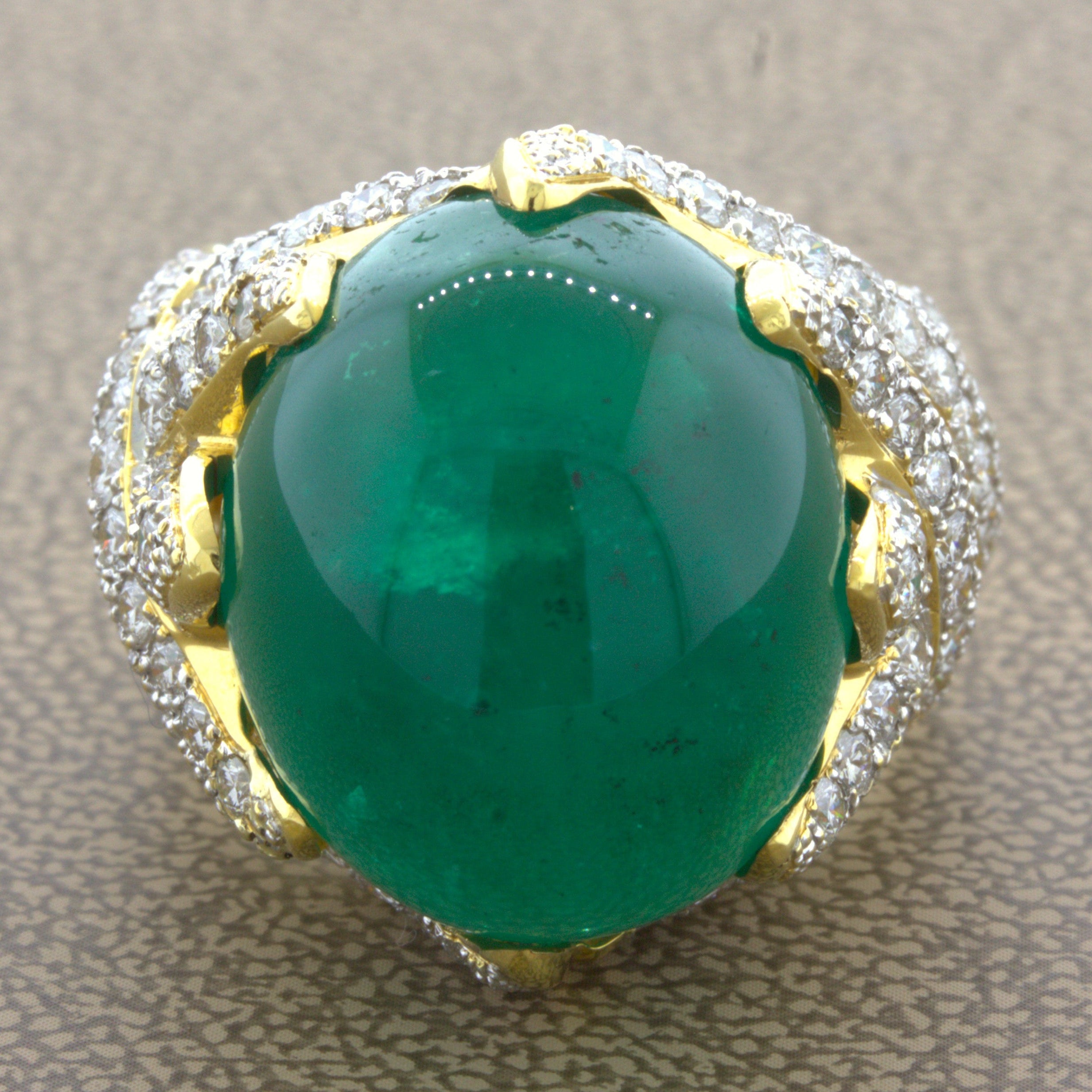 26.67 Carat Colombian Emerald Diamond 18K Yellow Gold Cocktail Ring, AGL Cert.