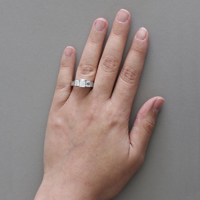 Three Stone Emerald Cut Diamond Anniversary Gold Engagement Ring