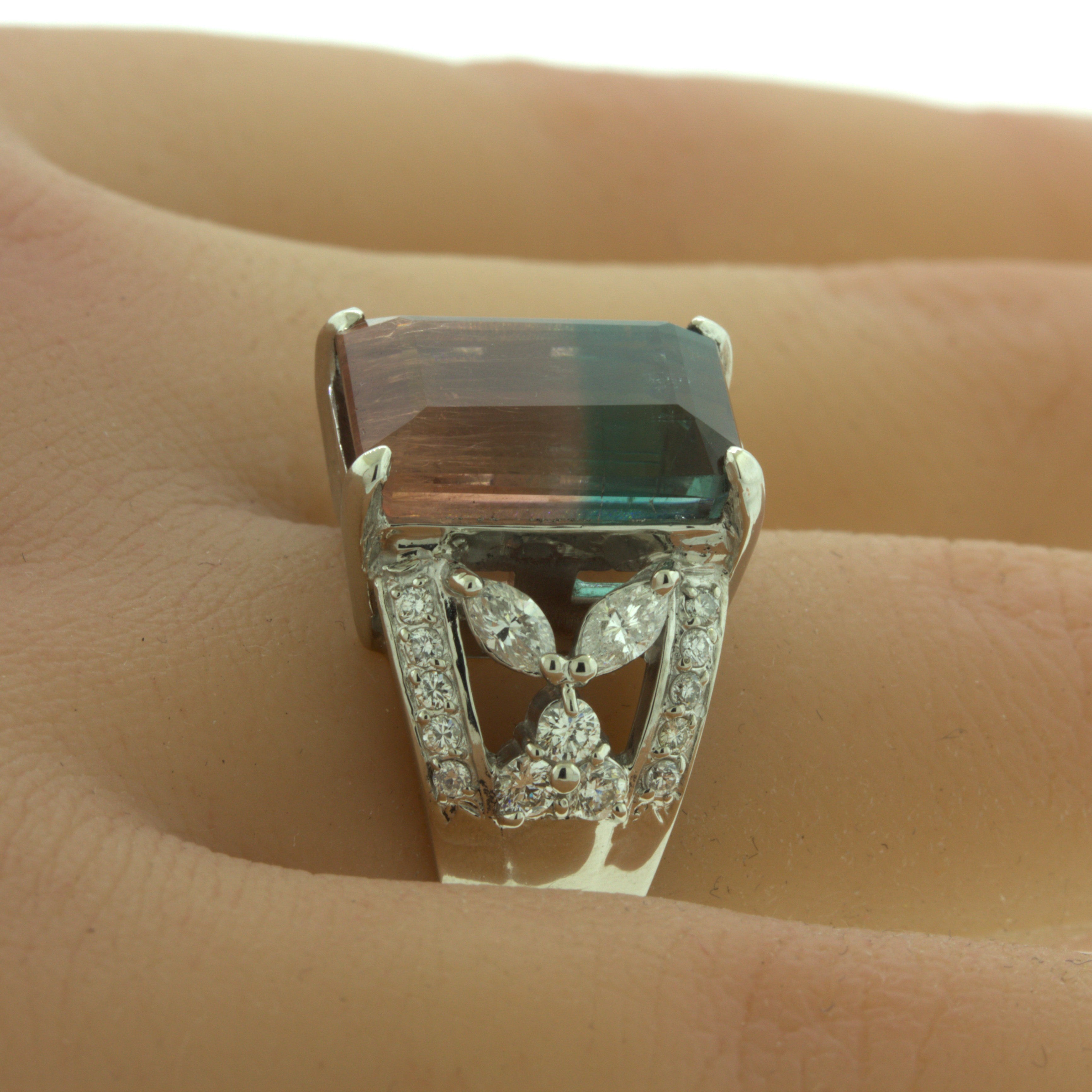 Bi-Color Tourmaline Diamond Platinum Floral Ring
