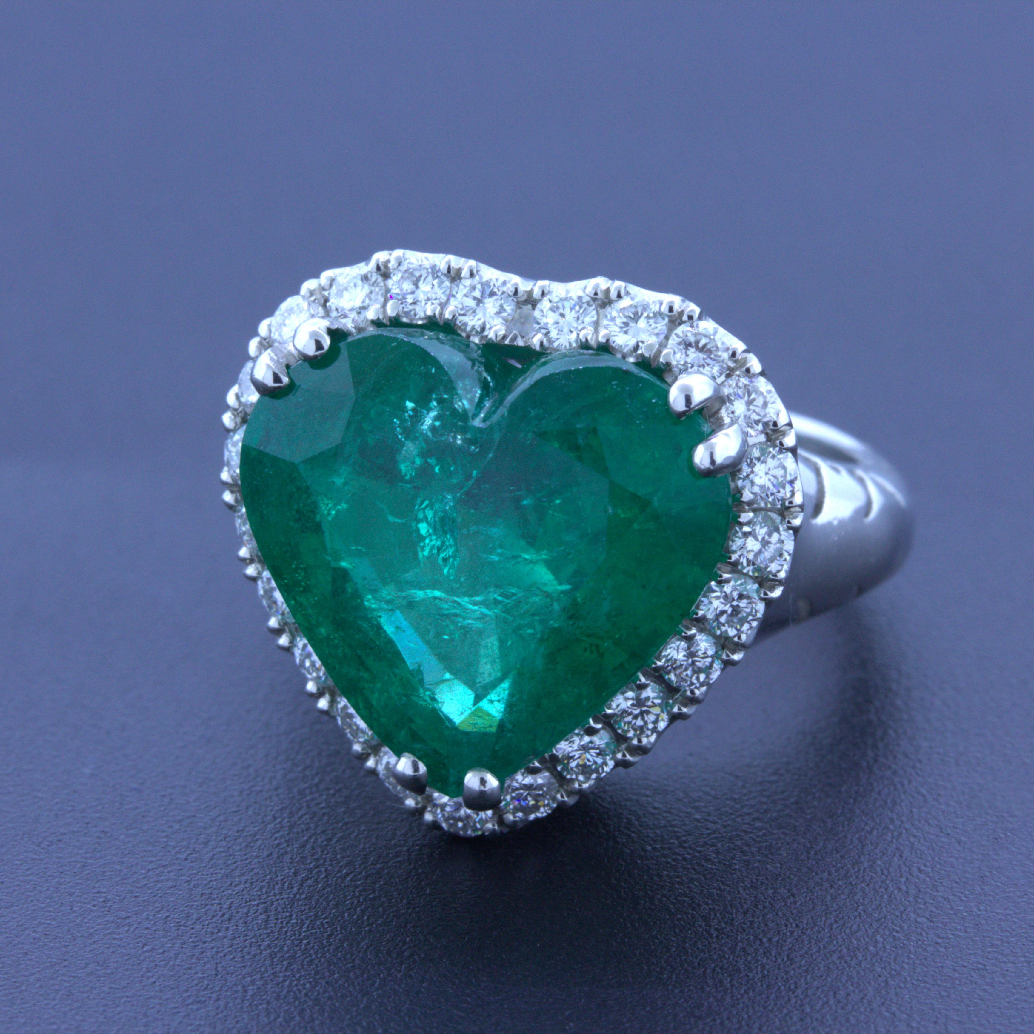 10.40 Carat Colombian Emerald Heart-Shape Diamond Platinum Ring, AGL Certified