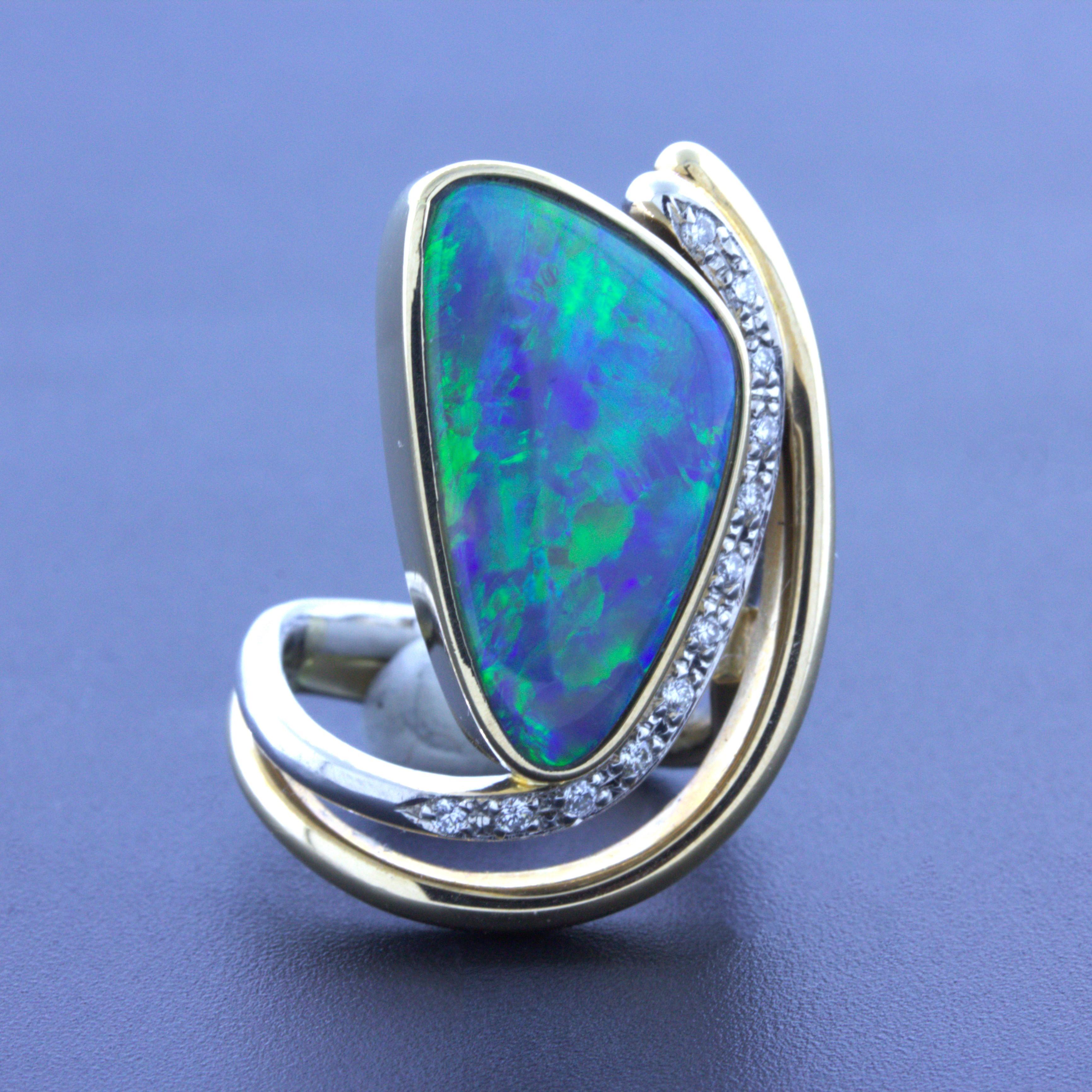 4.25 Carat Asymmetrical Australian Black Opal Diamond Platinum & 18k Yellow Gold