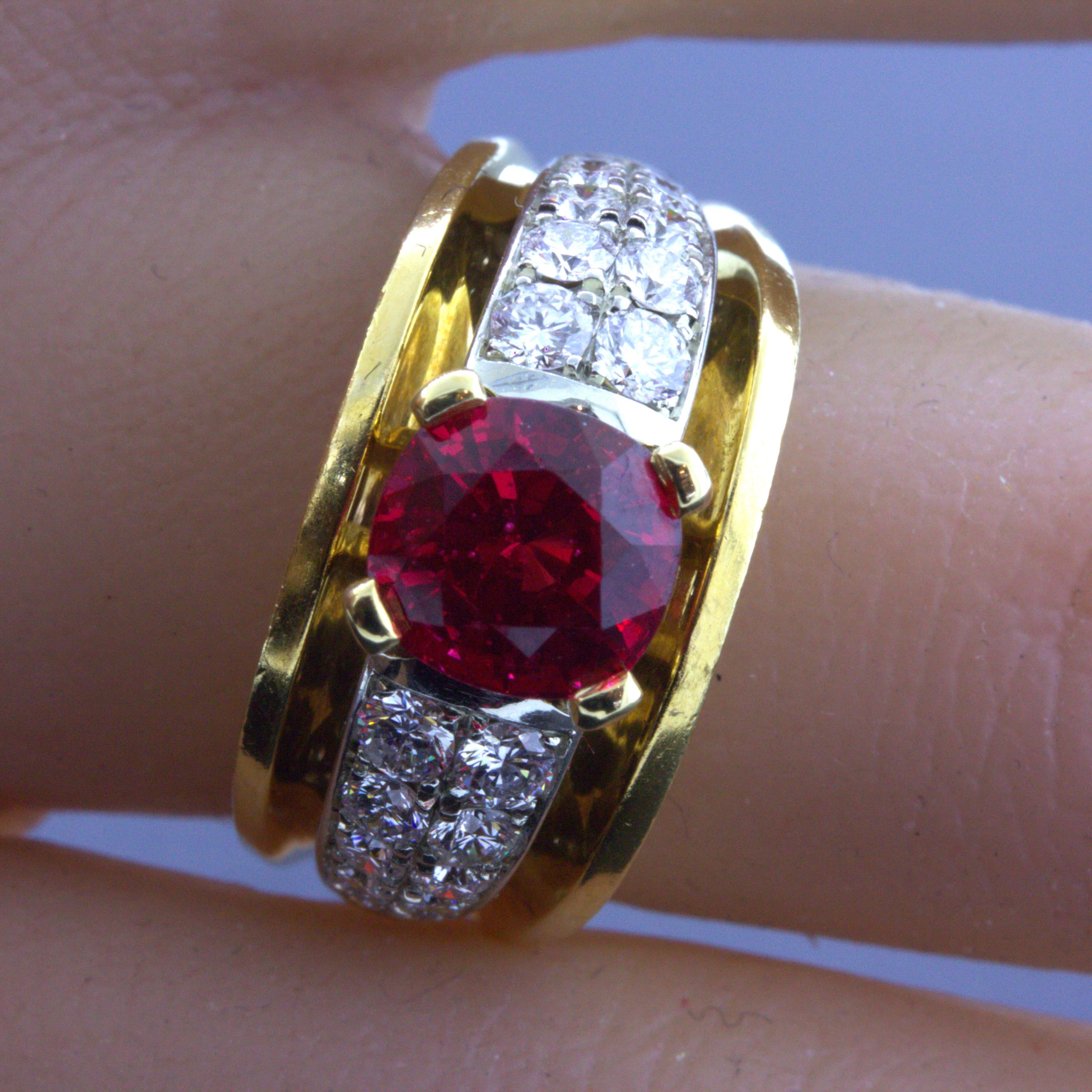 Exceptional 2.28 Carat Burmese Red Spinel Diamond 18K Yellow Gold Ring, GIA Cert