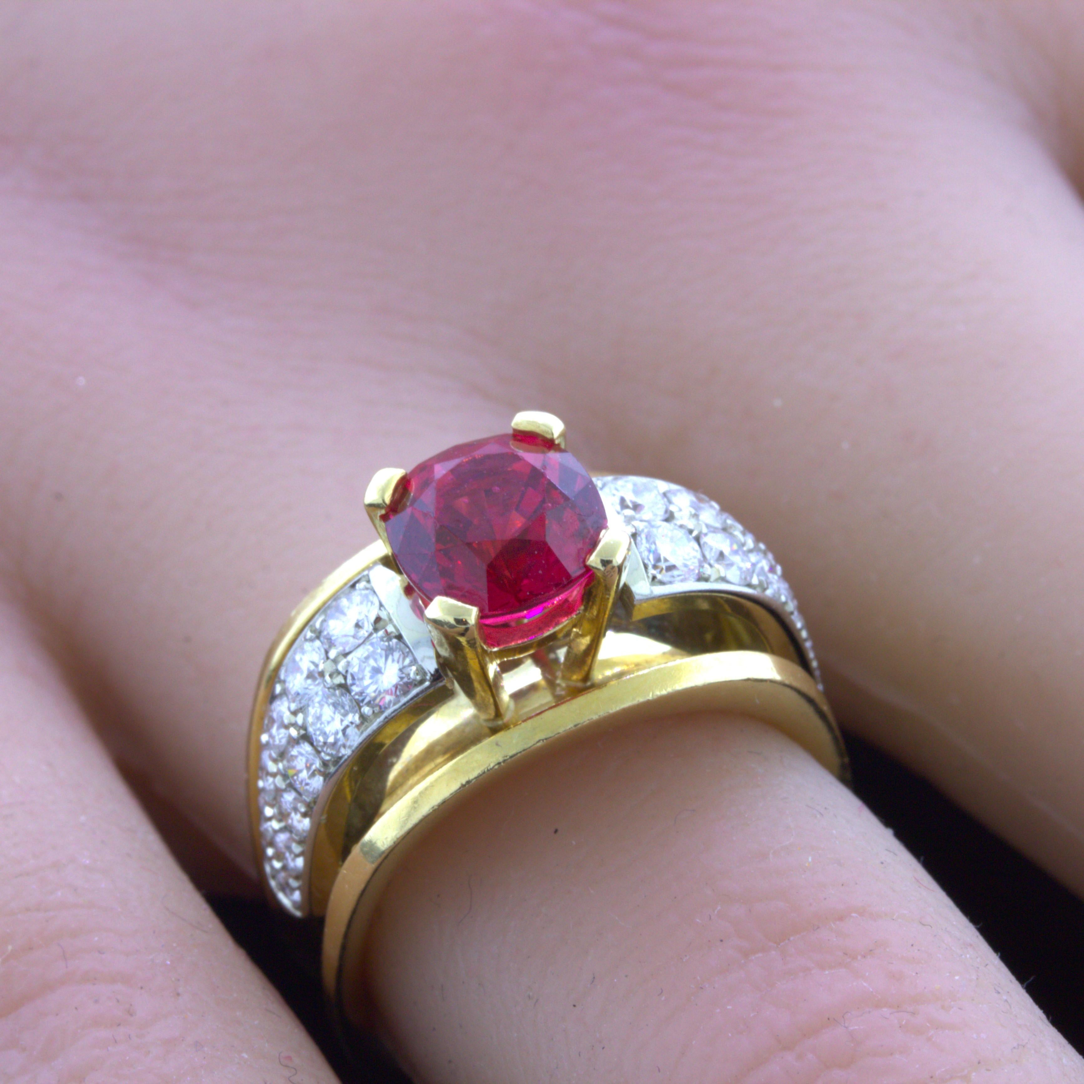 Exceptional 2.28 Carat Burmese Red Spinel Diamond 18K Yellow Gold Ring, GIA Cert
