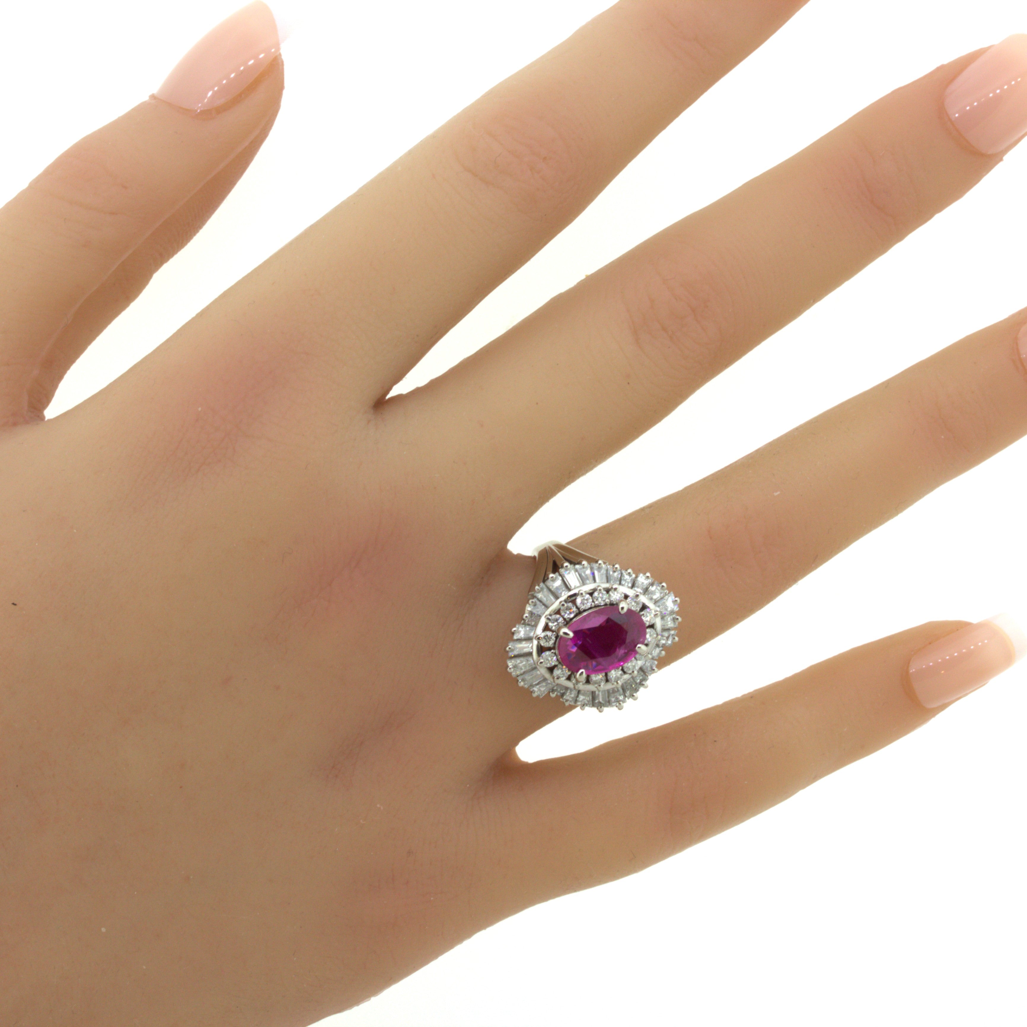 2.31 Carat No-Heat Burmese Ruby Diamond Platinum Ballerina Ring, AIGS Certified