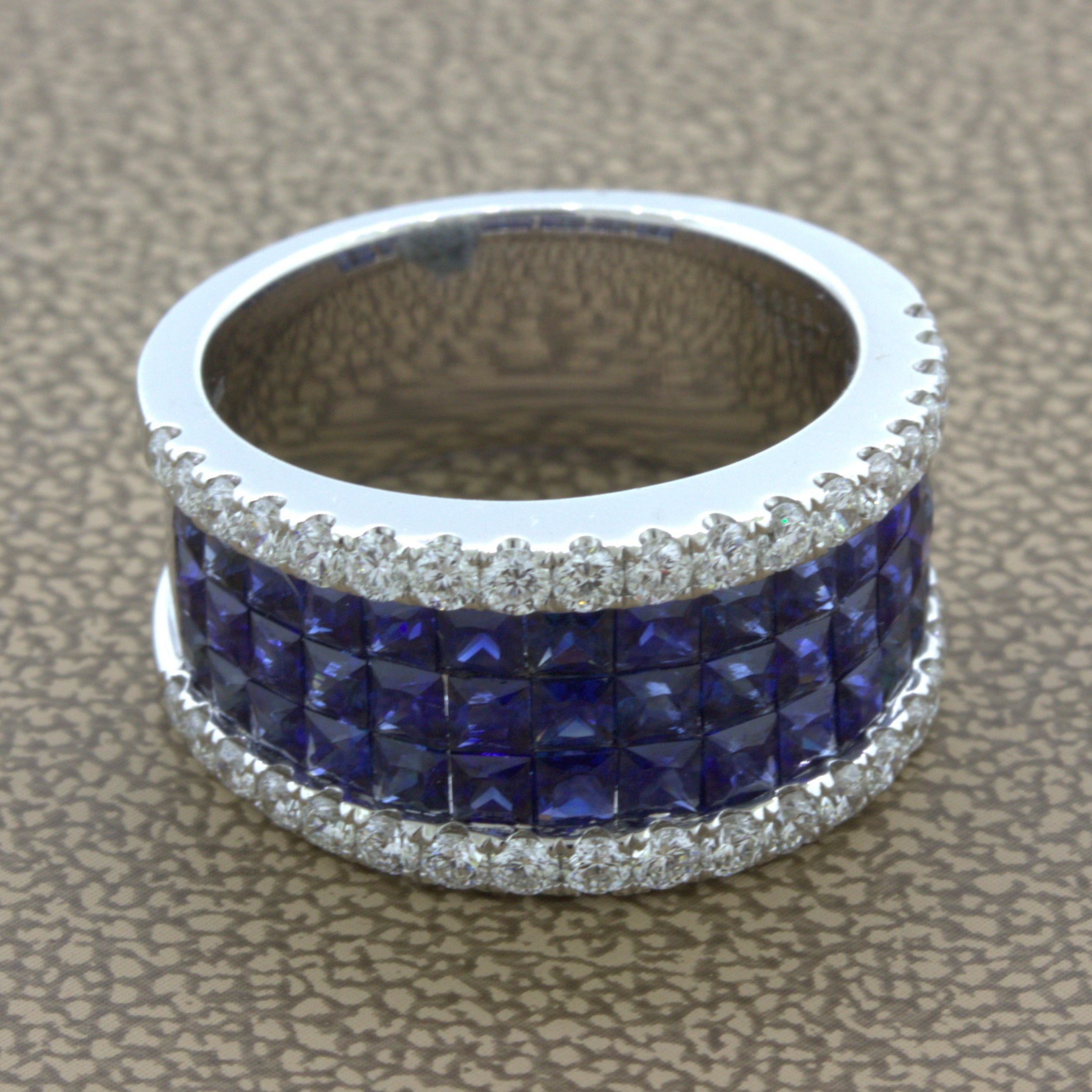 Blue-Sapphire Diamond 18k White Gold Band Ring