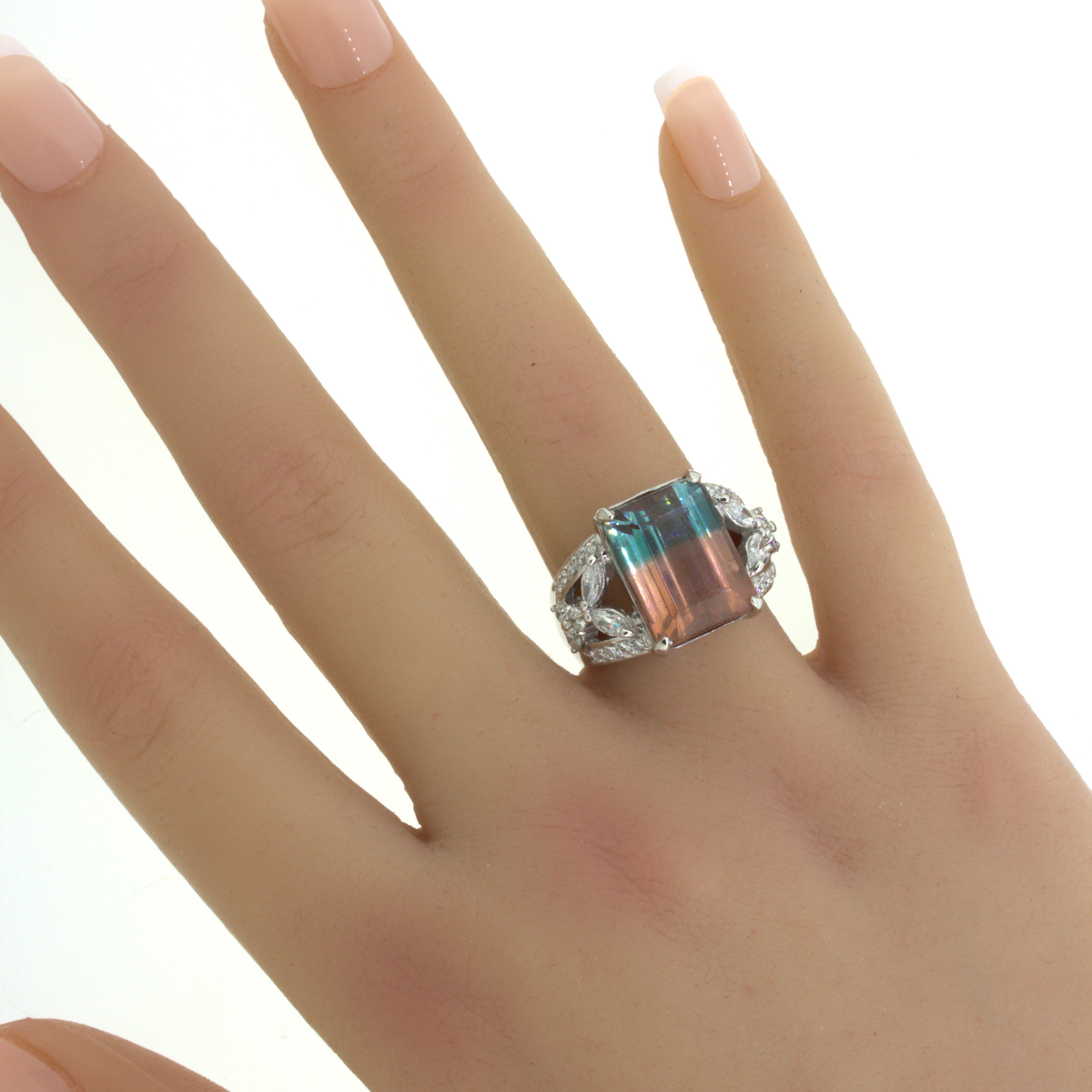 Bi-Color Tourmaline Diamond Platinum Floral Ring