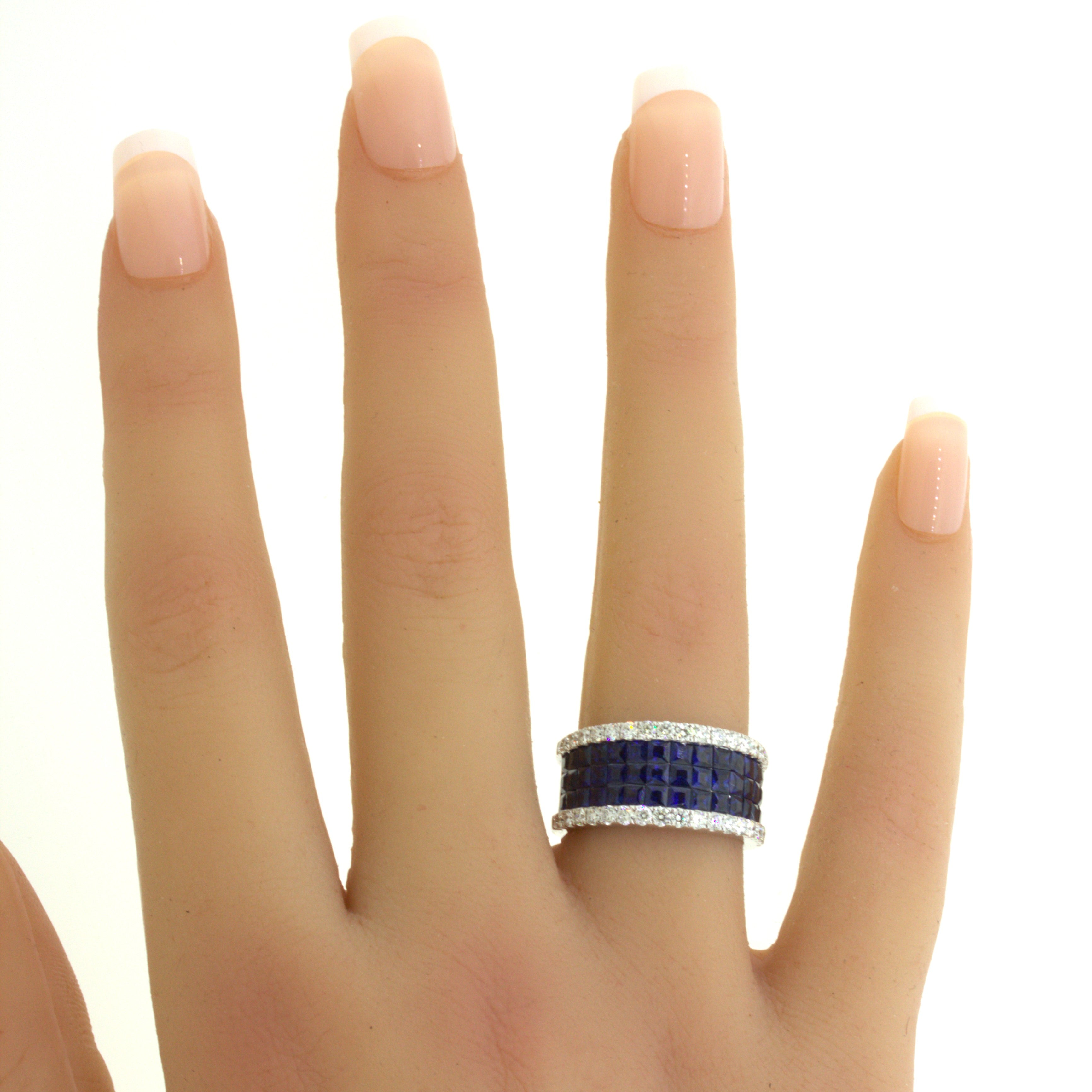 Blue-Sapphire Diamond 18k White Gold Band Ring