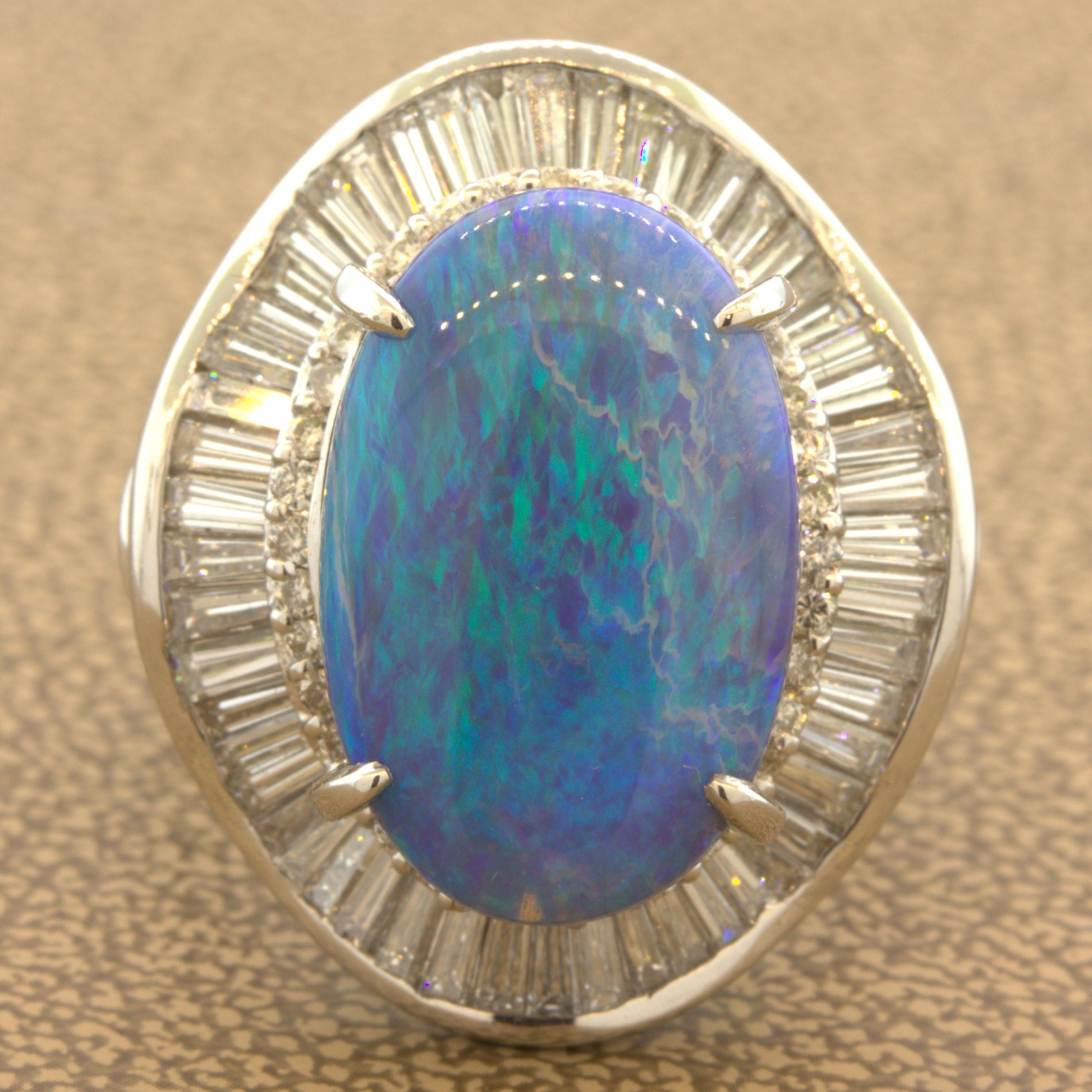 9.27 Carat Australian Black Opal Diamond Platinum Cocktail Ring