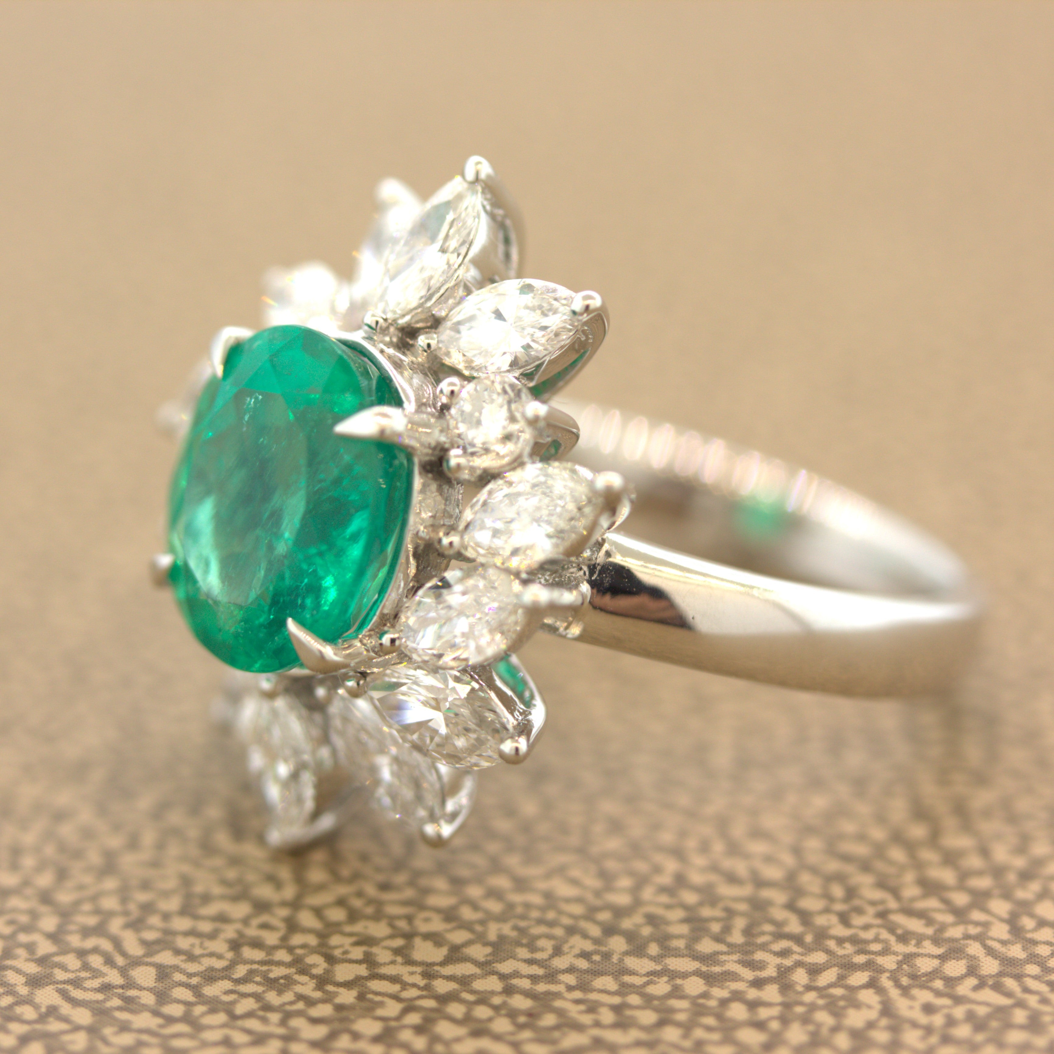 2.91 Carat Emerald Diamond Floral Platinum Ring