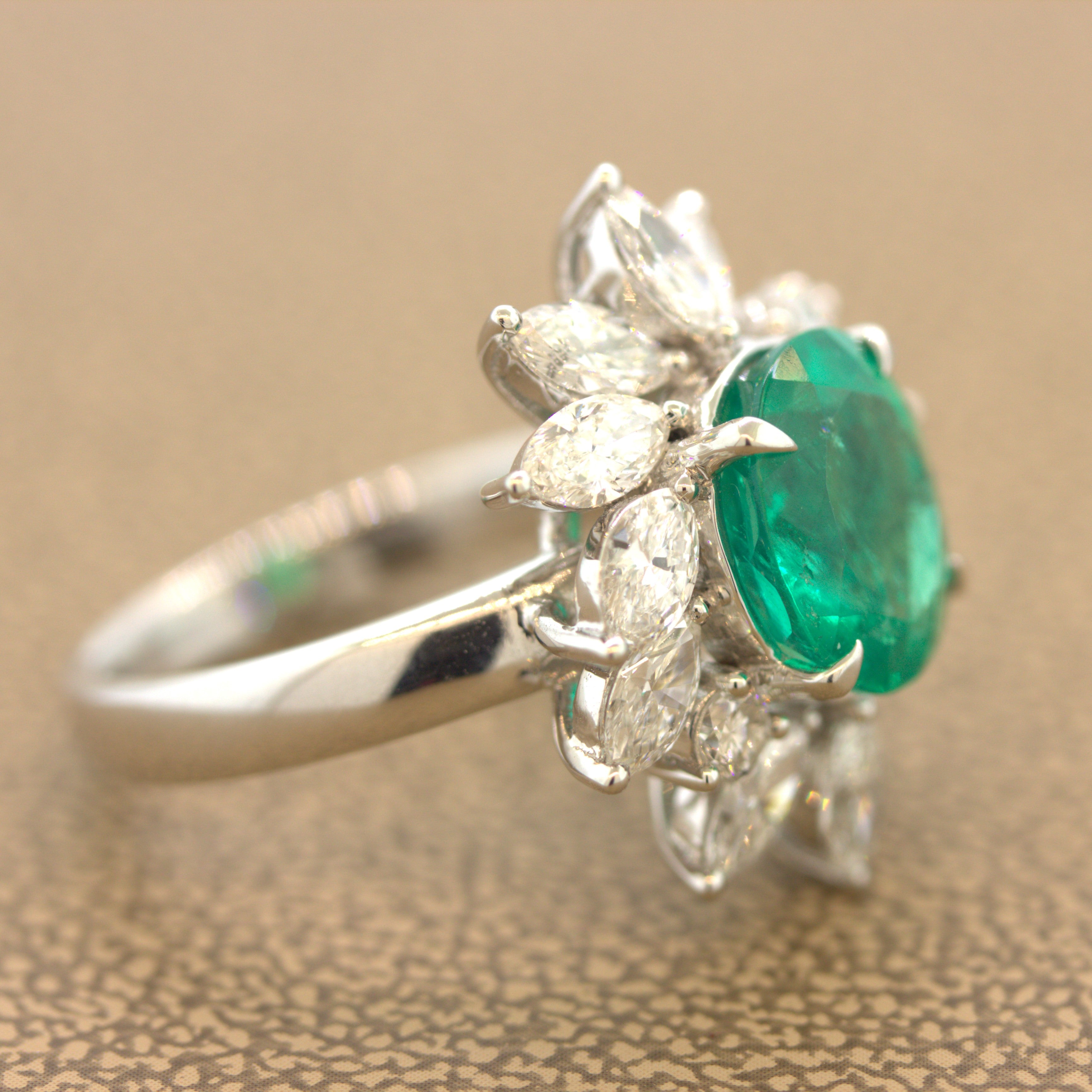 2.91 Carat Emerald Diamond Floral Platinum Ring