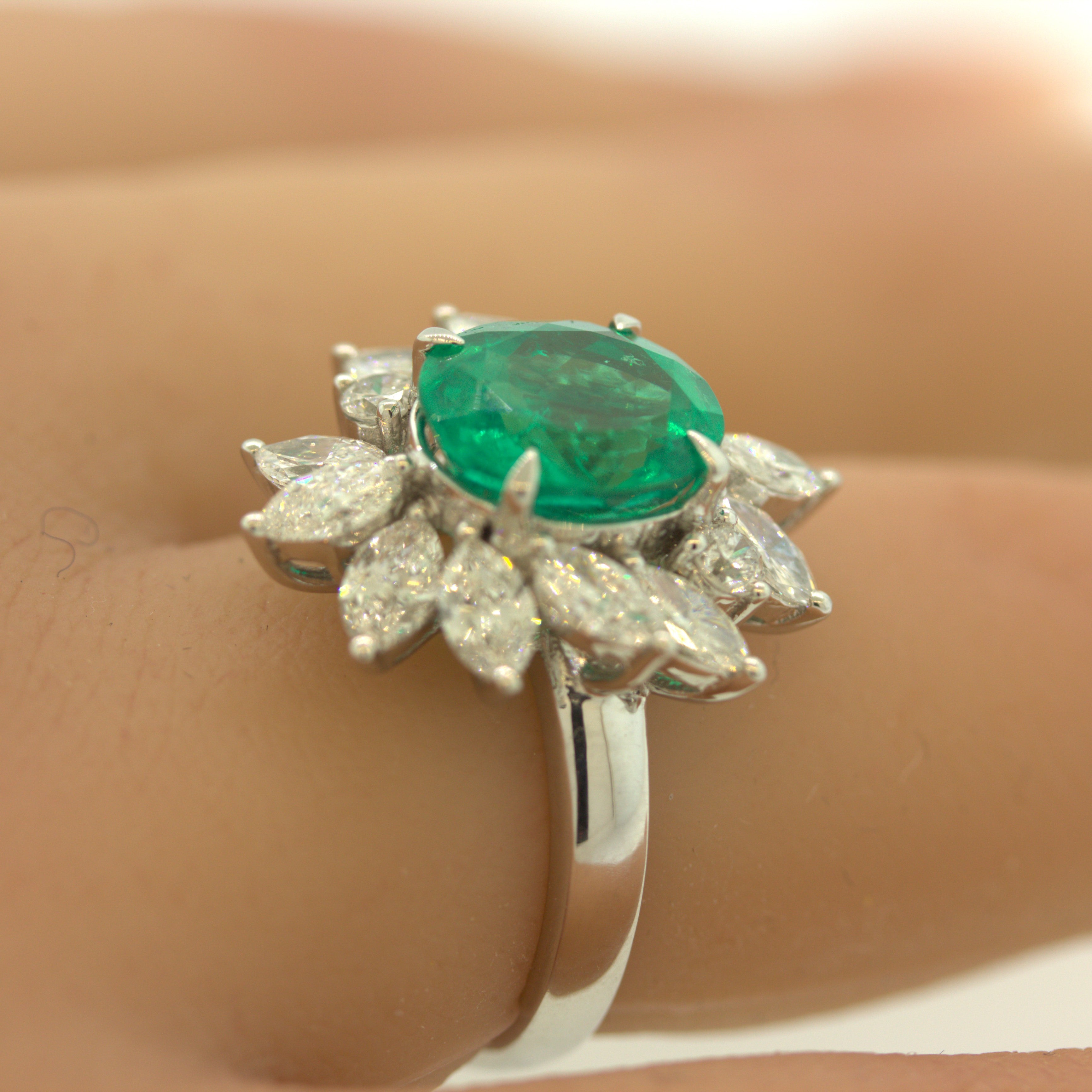 2.91 Carat Emerald Diamond Floral Platinum Ring