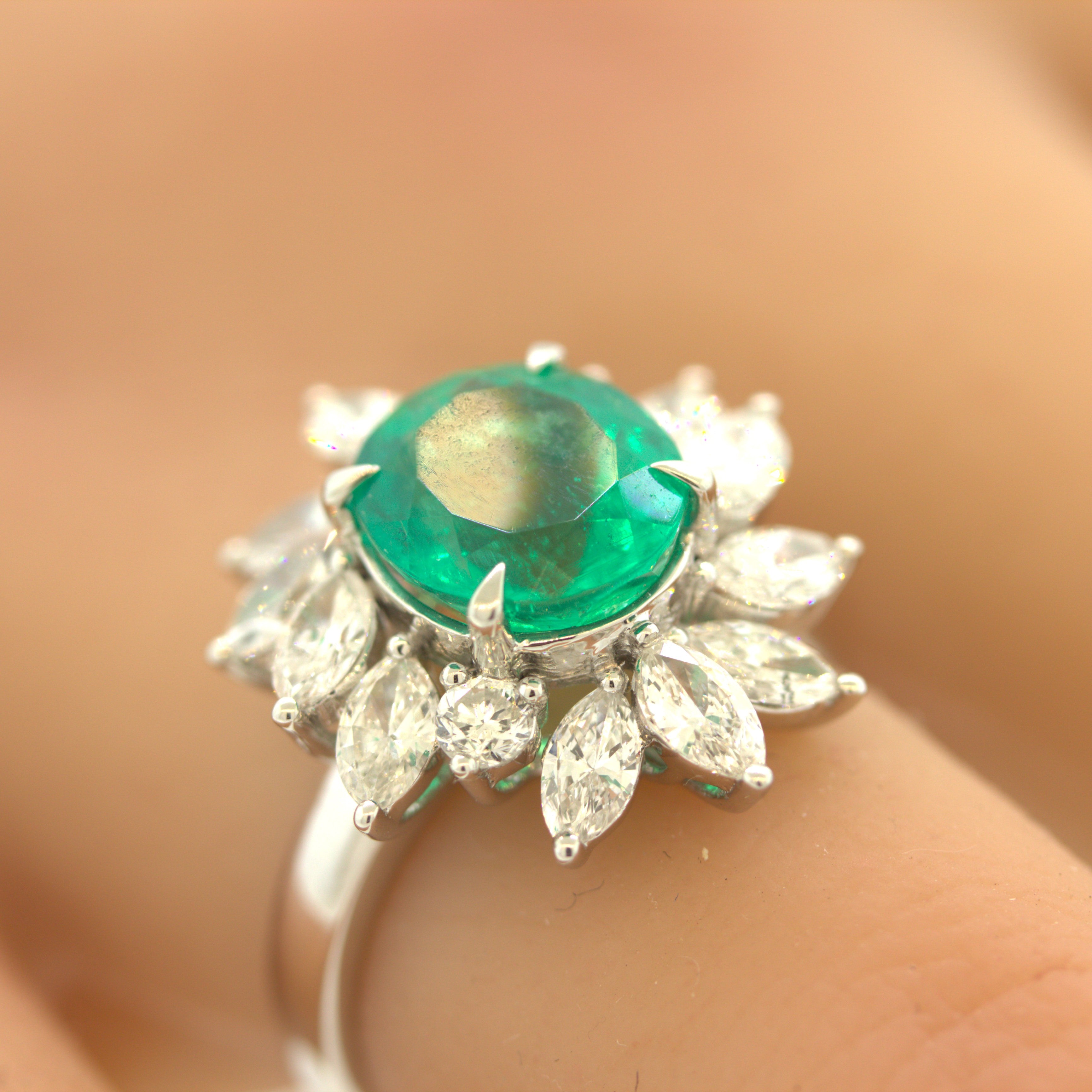 2.91 Carat Emerald Diamond Floral Platinum Ring