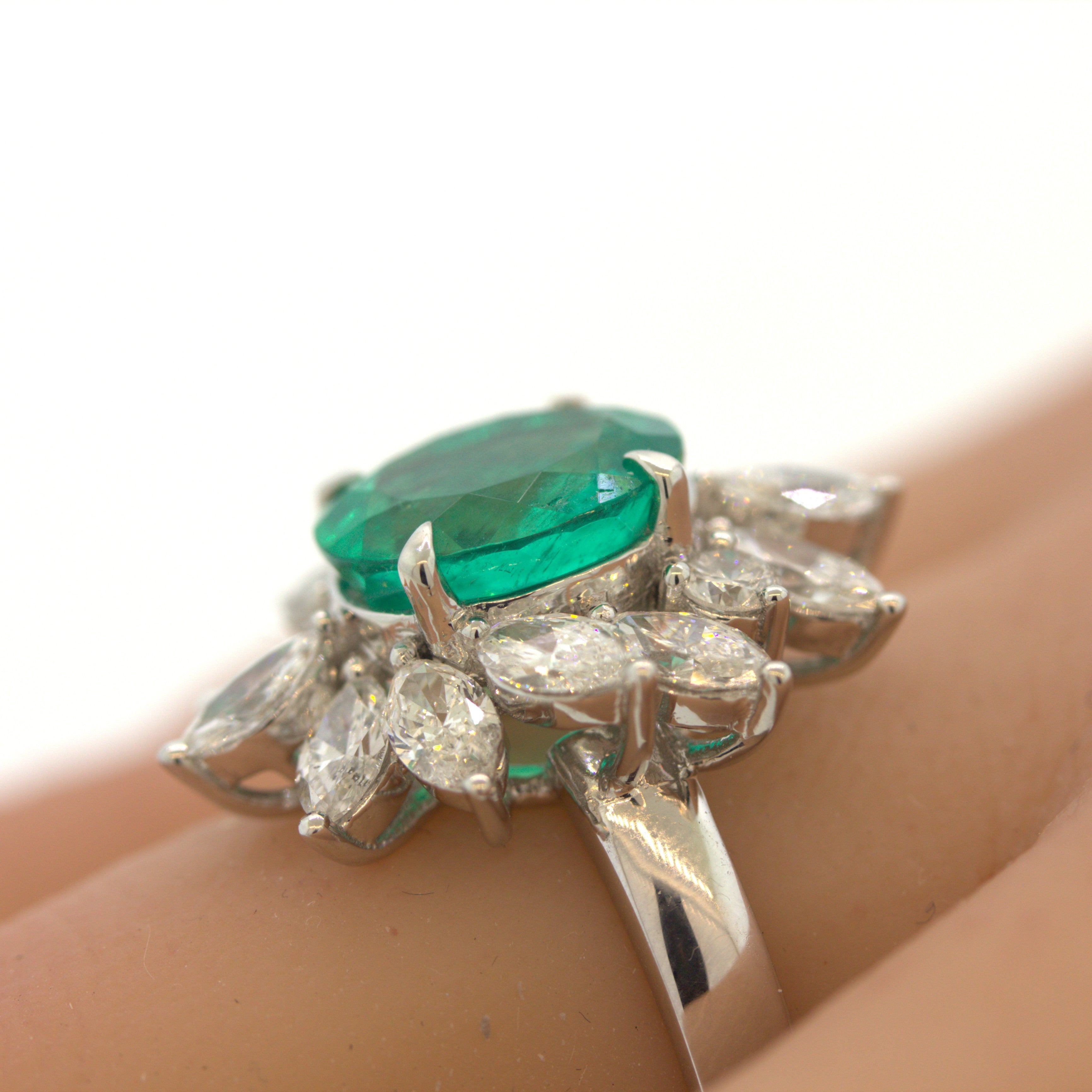 2.91 Carat Emerald Diamond Floral Platinum Ring