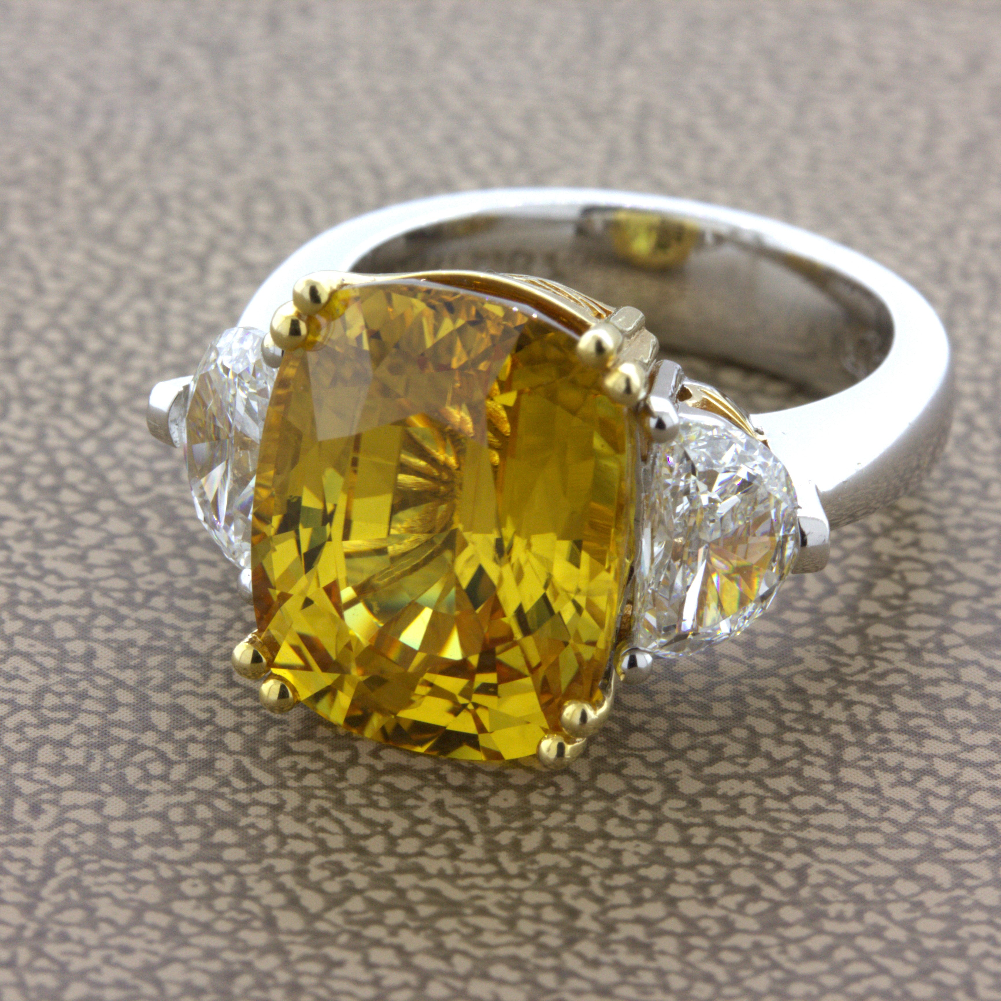 12.35 Carat Fancy Yellow Sapphire Diamond 18K White Gold 3-Stone Ring