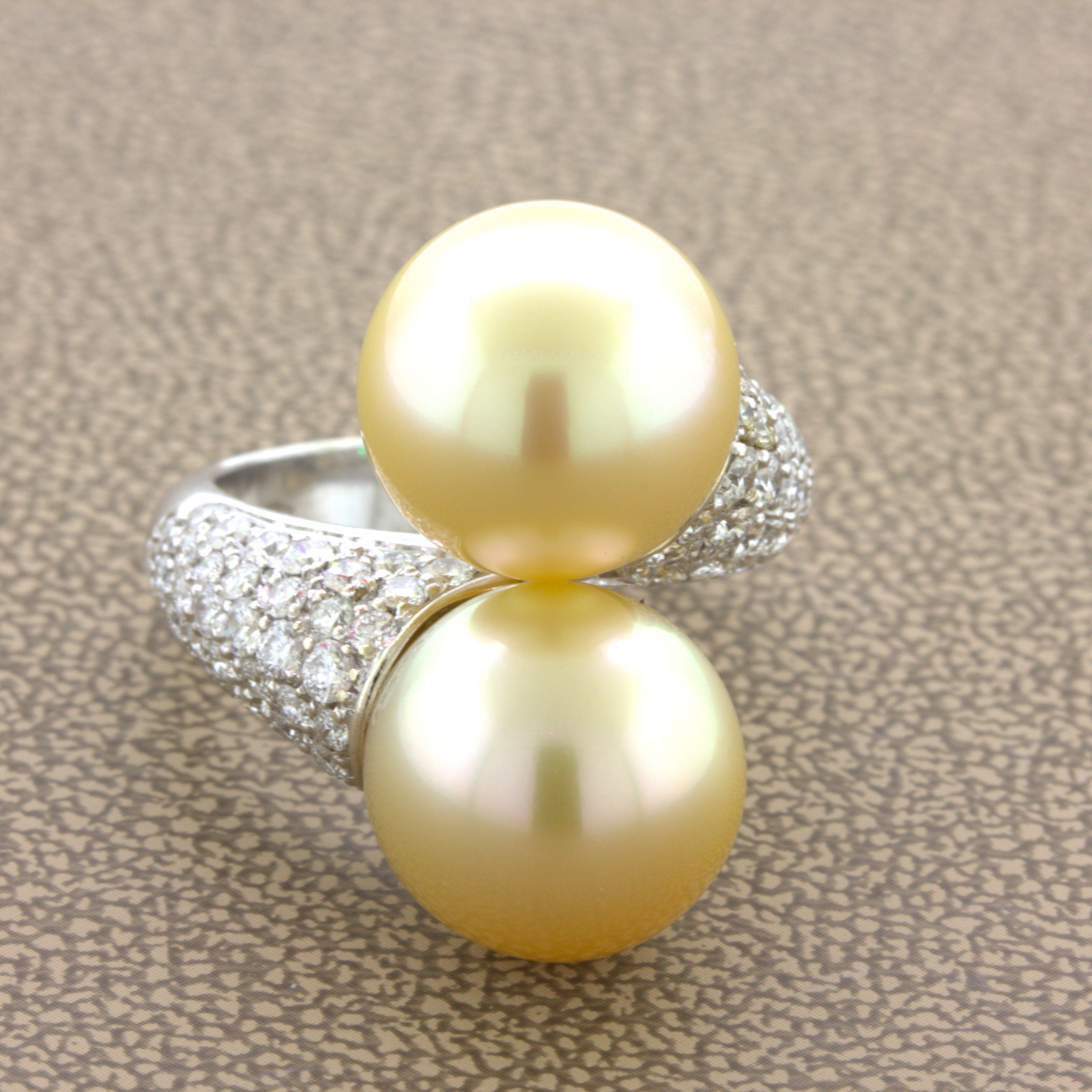 South Sea Golden Pearl Diamond 18K White Gold Bypass Ring