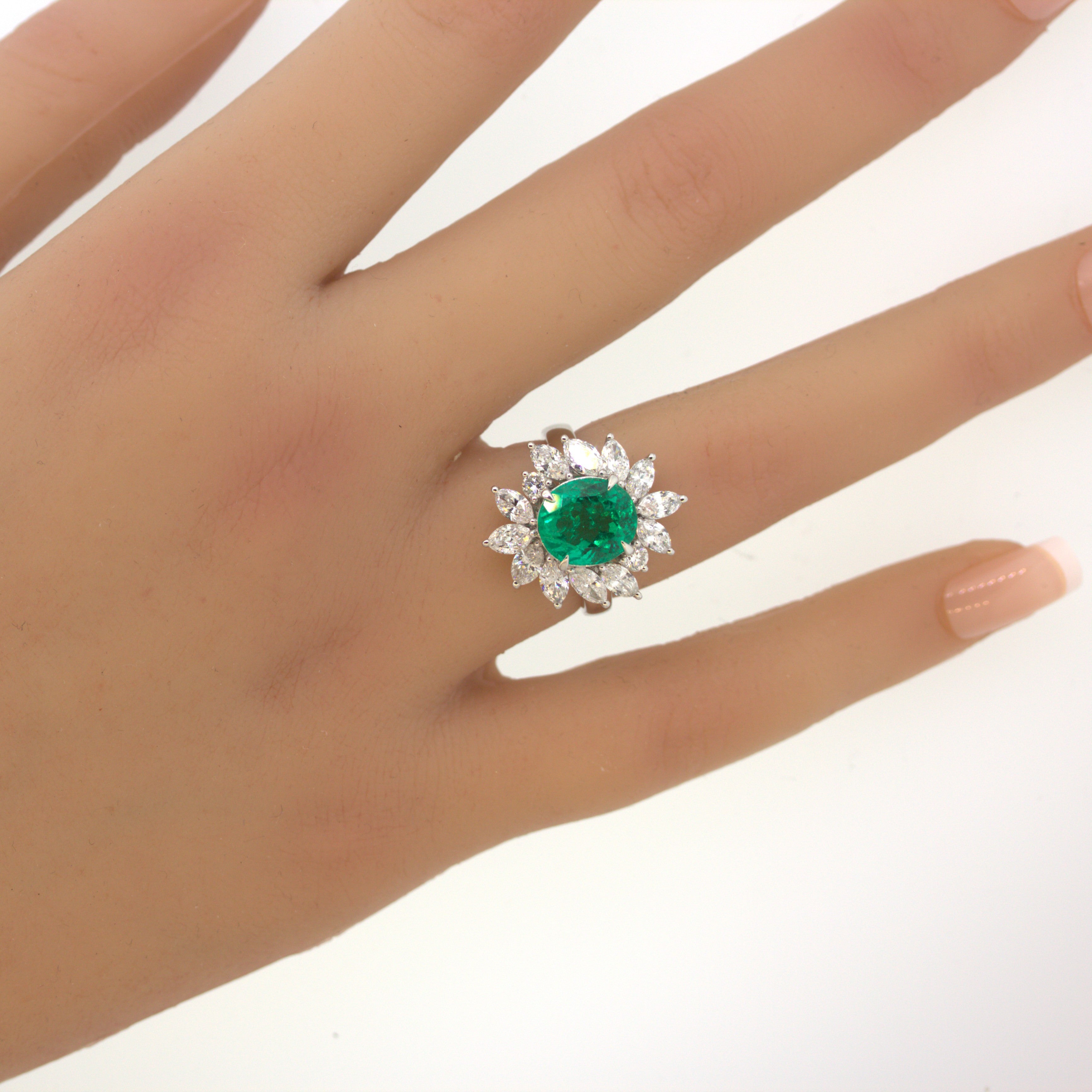2.91 Carat Emerald Diamond Floral Platinum Ring