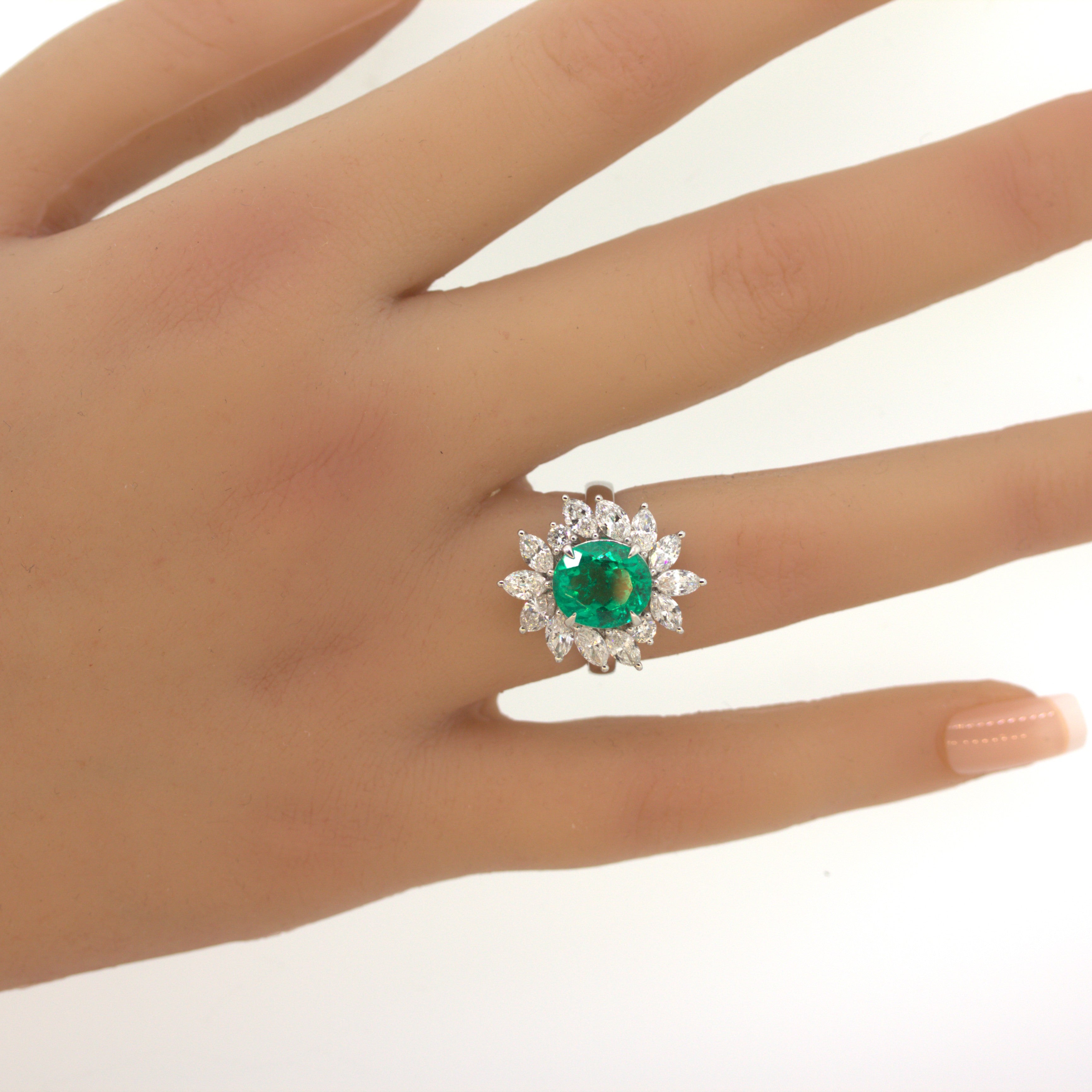 2.91 Carat Emerald Diamond Floral Platinum Ring