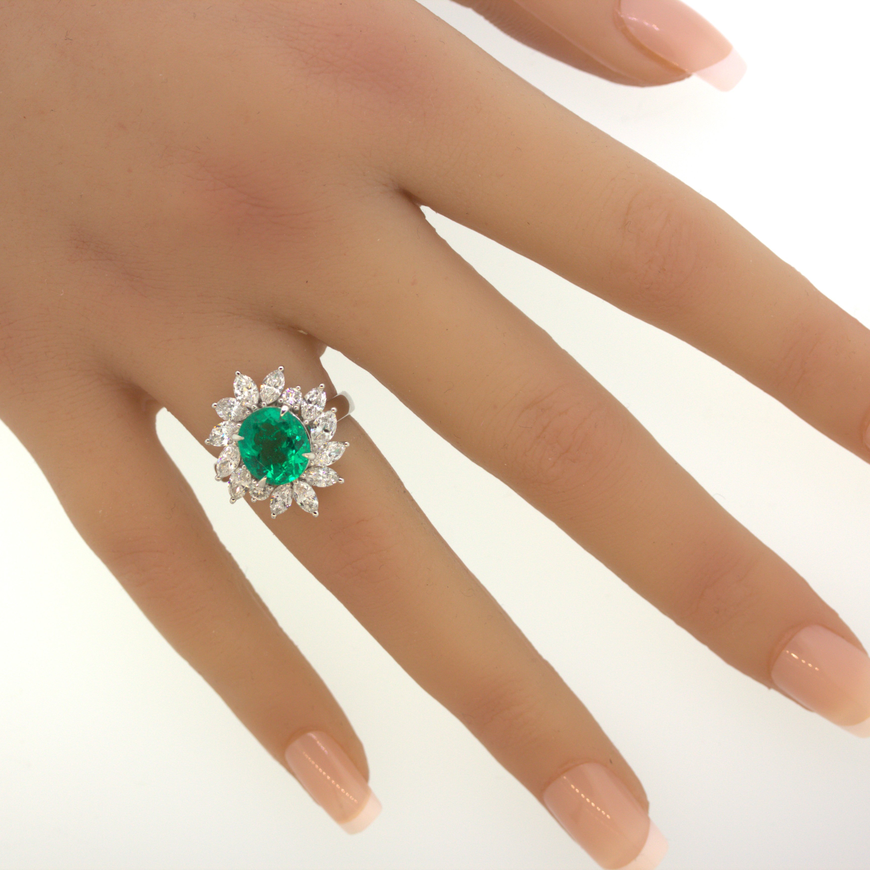 2.91 Carat Emerald Diamond Floral Platinum Ring
