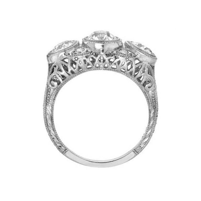 Art Deco European Cut Diamond Platinum Three-Stone Ring