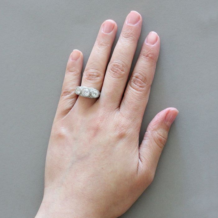 Art Deco European Cut Diamond Platinum Three-Stone Ring