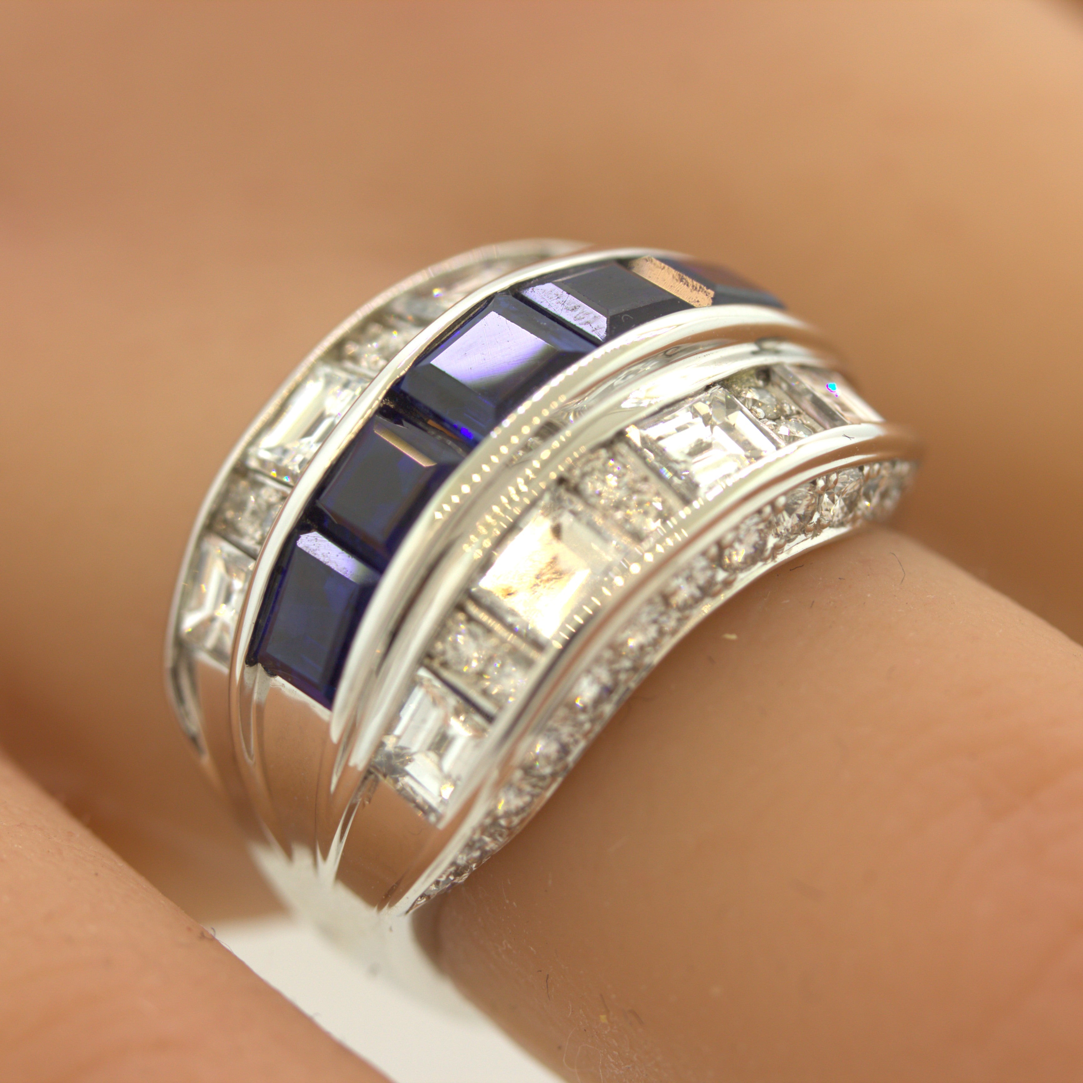 Sapphire Diamond Platinum Wide Band Ring