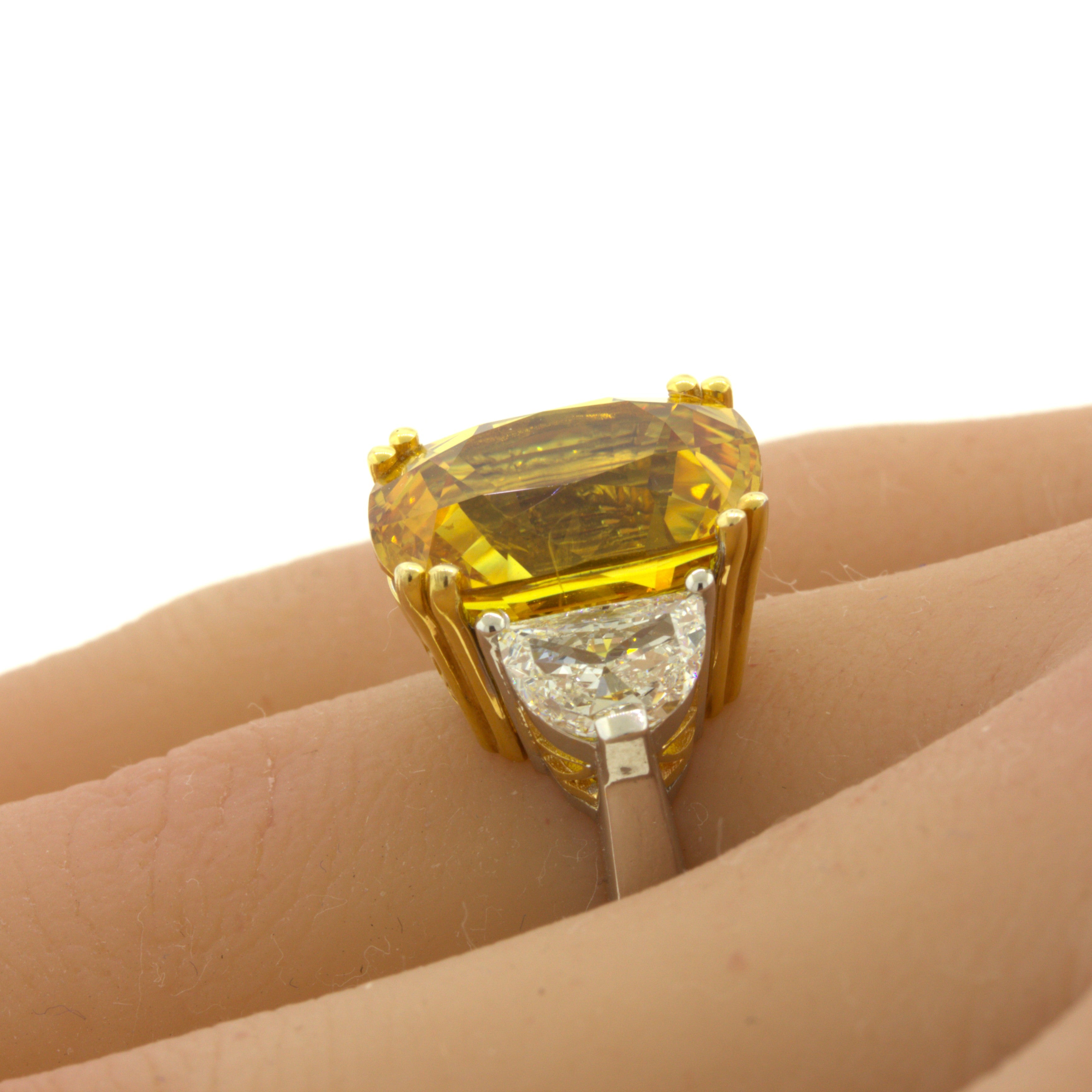 12.35 Carat Fancy Yellow Sapphire Diamond 18K White Gold 3-Stone Ring