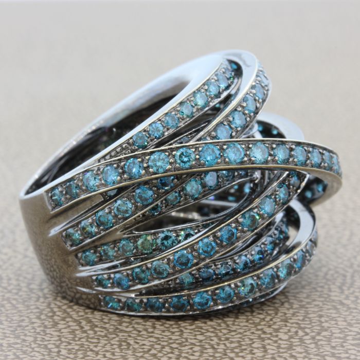 Fancy Blue Diamond Black Gold Crossover Ring