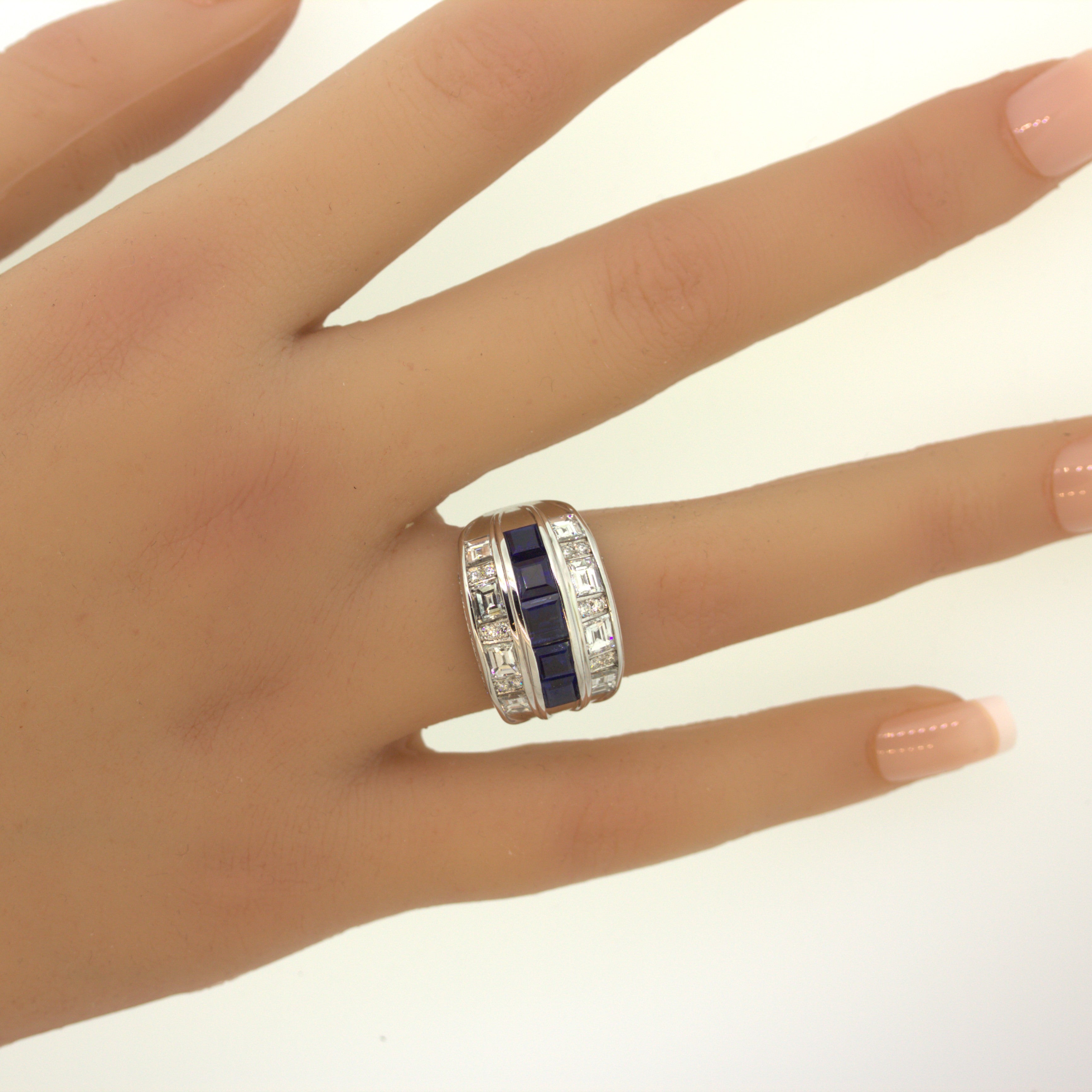 Sapphire Diamond Platinum Wide Band Ring