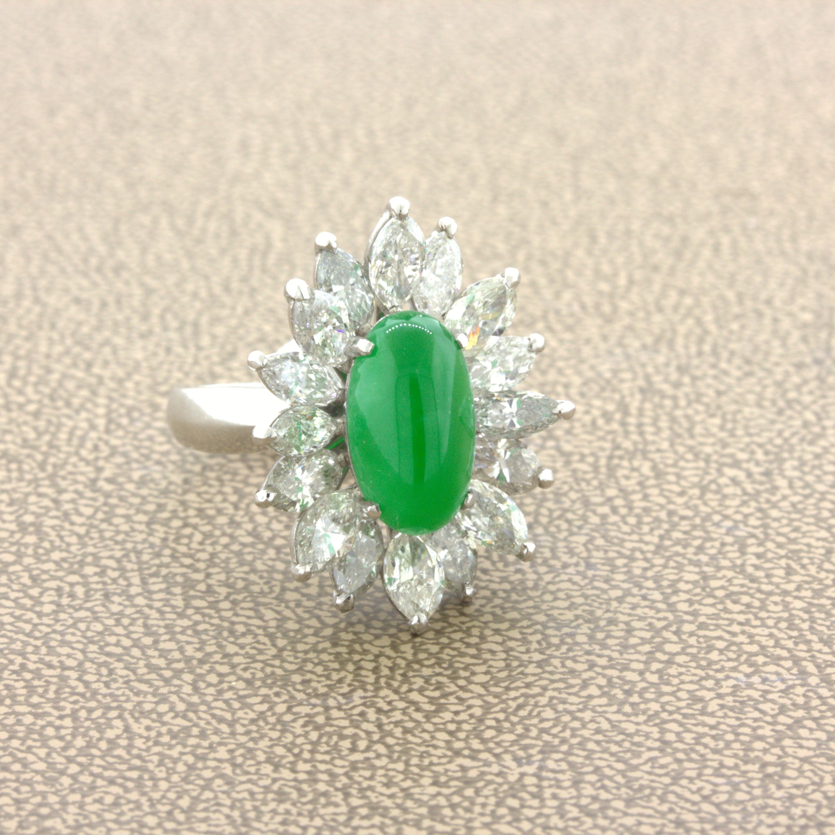 4.13 Carat Jadeite Jade Diamond Sunburst Platinum Ring, GIA Certified “Type A”