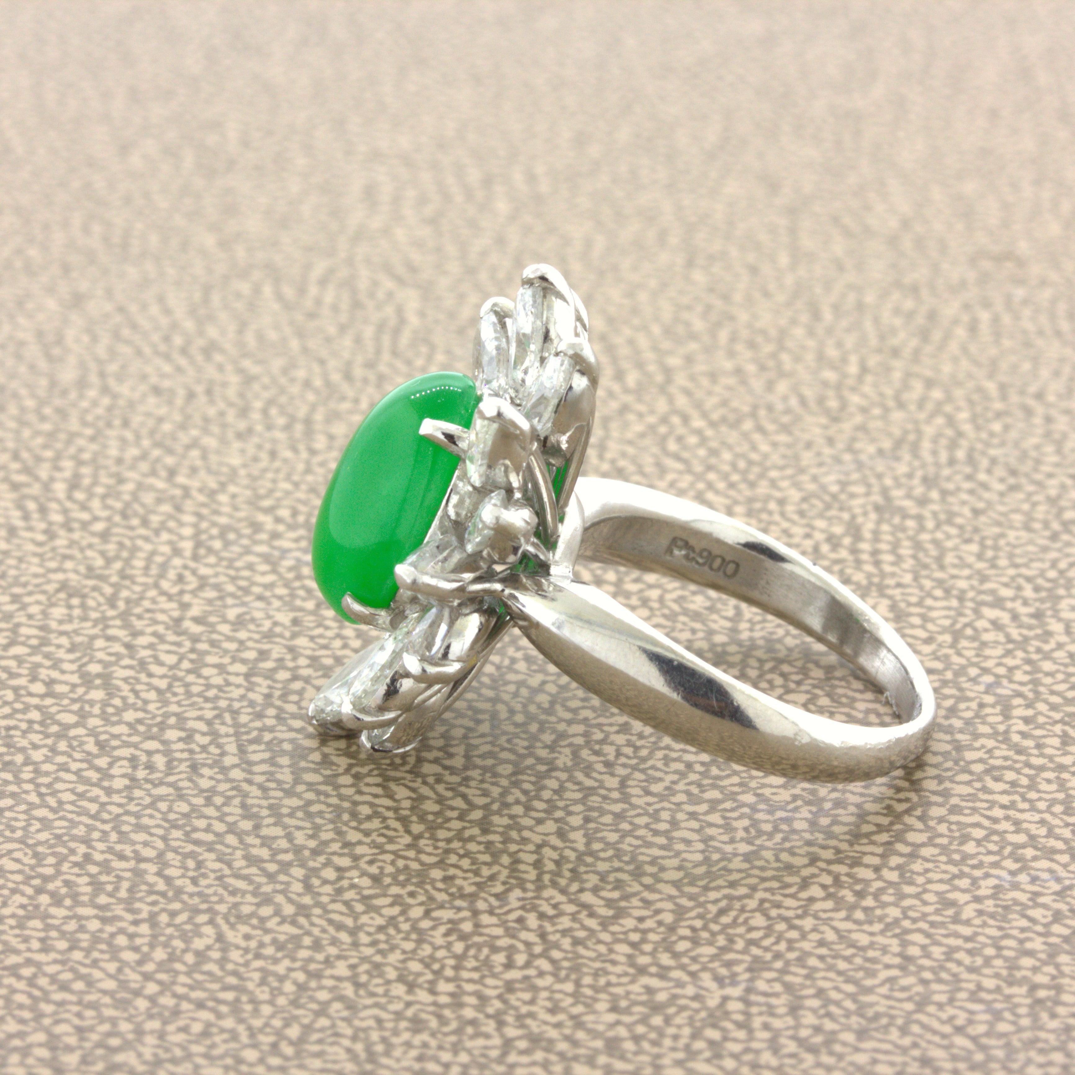 4.13 Carat Jadeite Jade Diamond Sunburst Platinum Ring, GIA Certified “Type A”