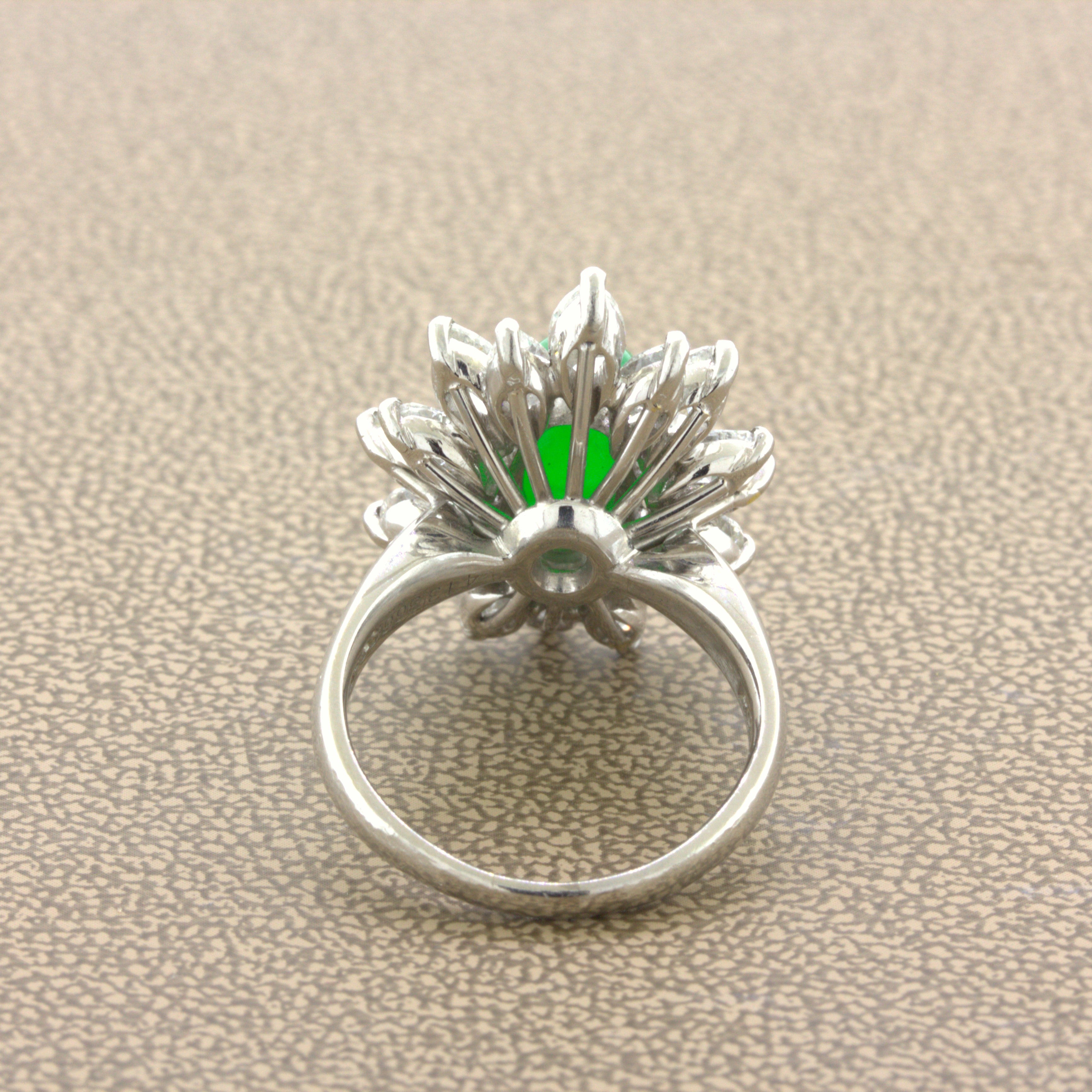 4.13 Carat Jadeite Jade Diamond Sunburst Platinum Ring, GIA Certified “Type A”