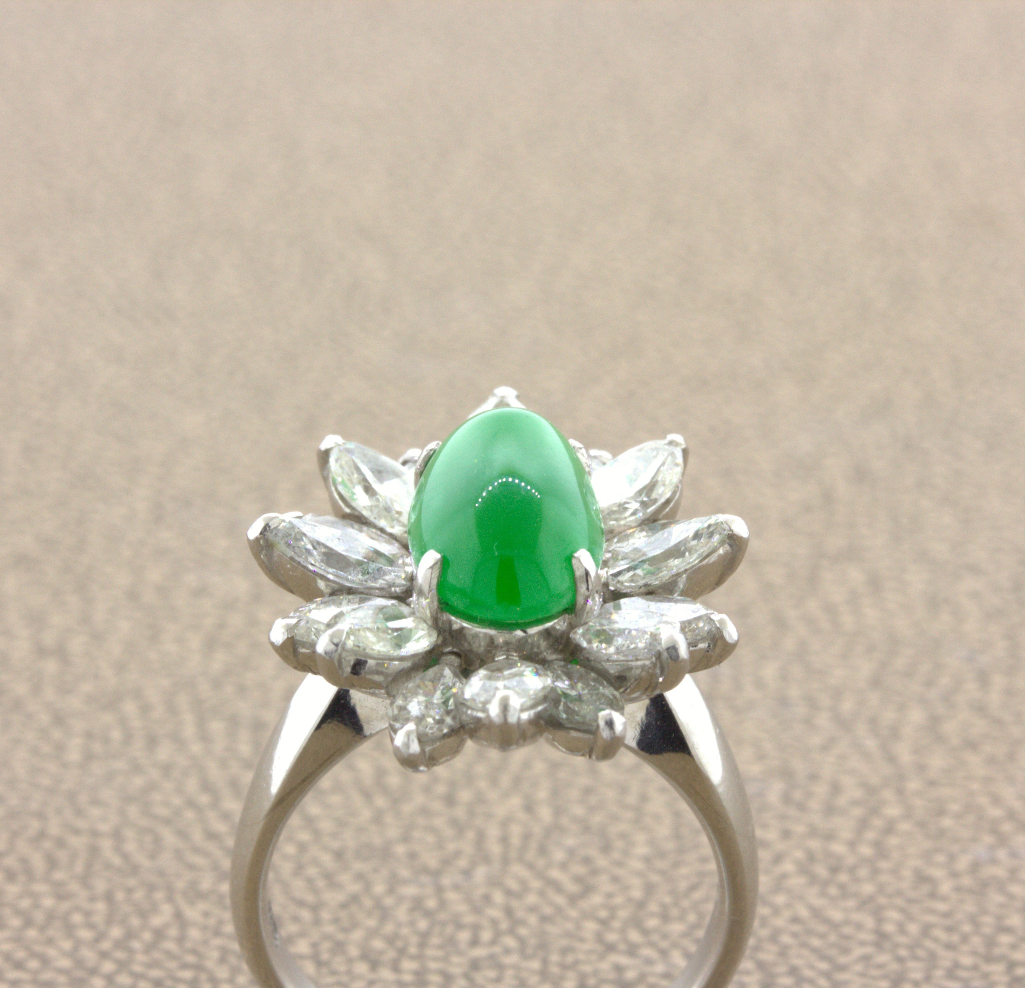 4.13 Carat Jadeite Jade Diamond Sunburst Platinum Ring, GIA Certified “Type A”