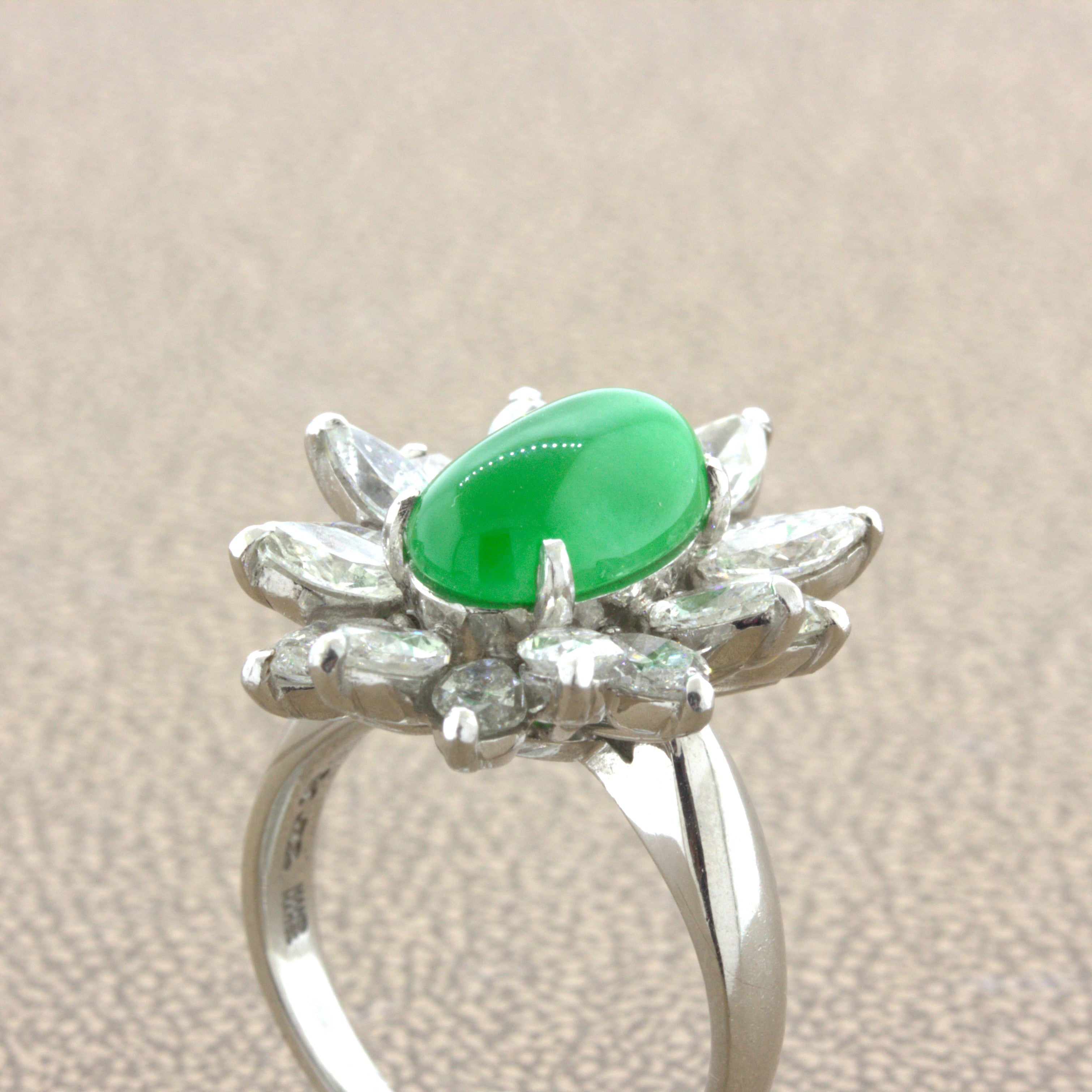 4.13 Carat Jadeite Jade Diamond Sunburst Platinum Ring, GIA Certified “Type A”