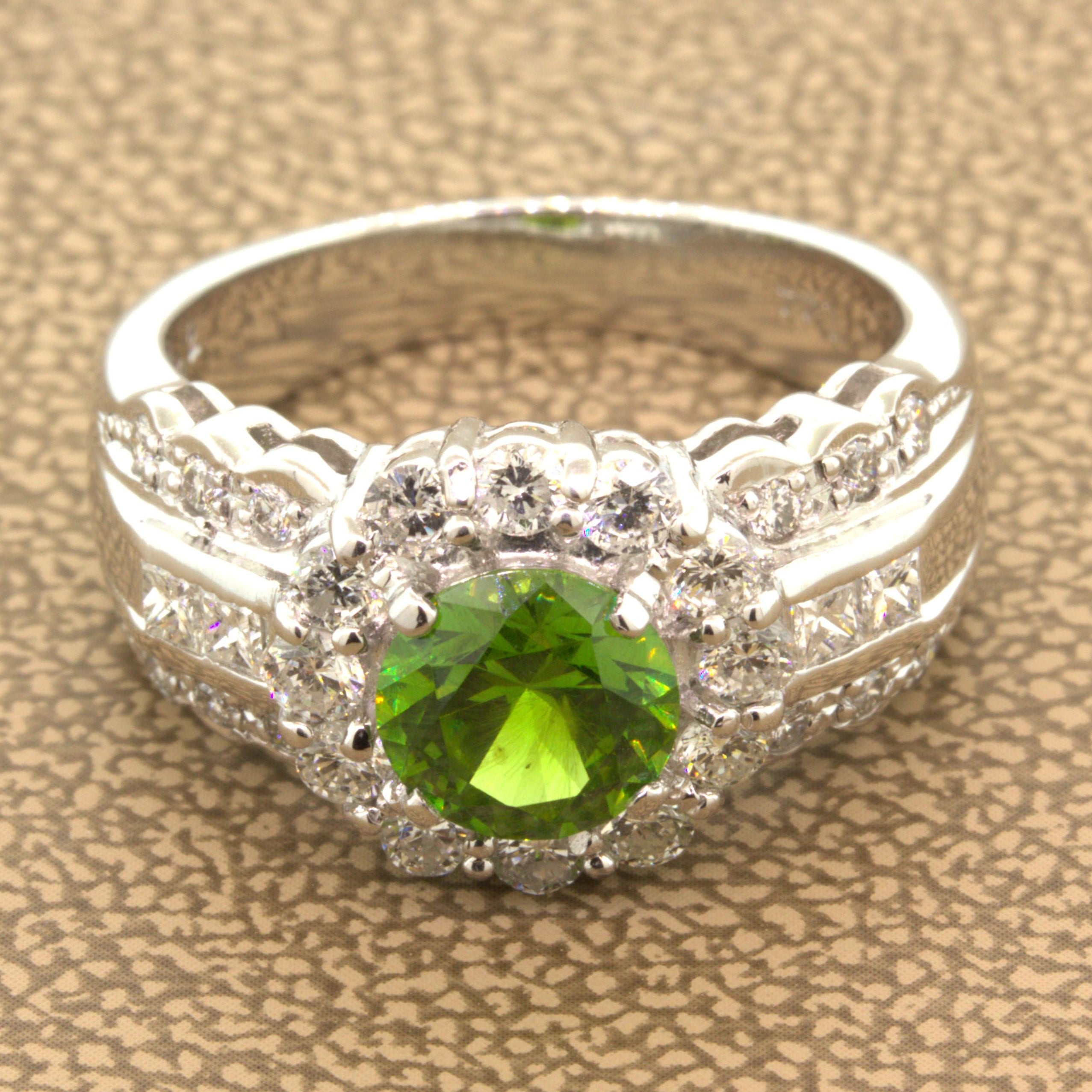 1.44 Carat Russian Demantoid Garnet Diamond Platinum Ring