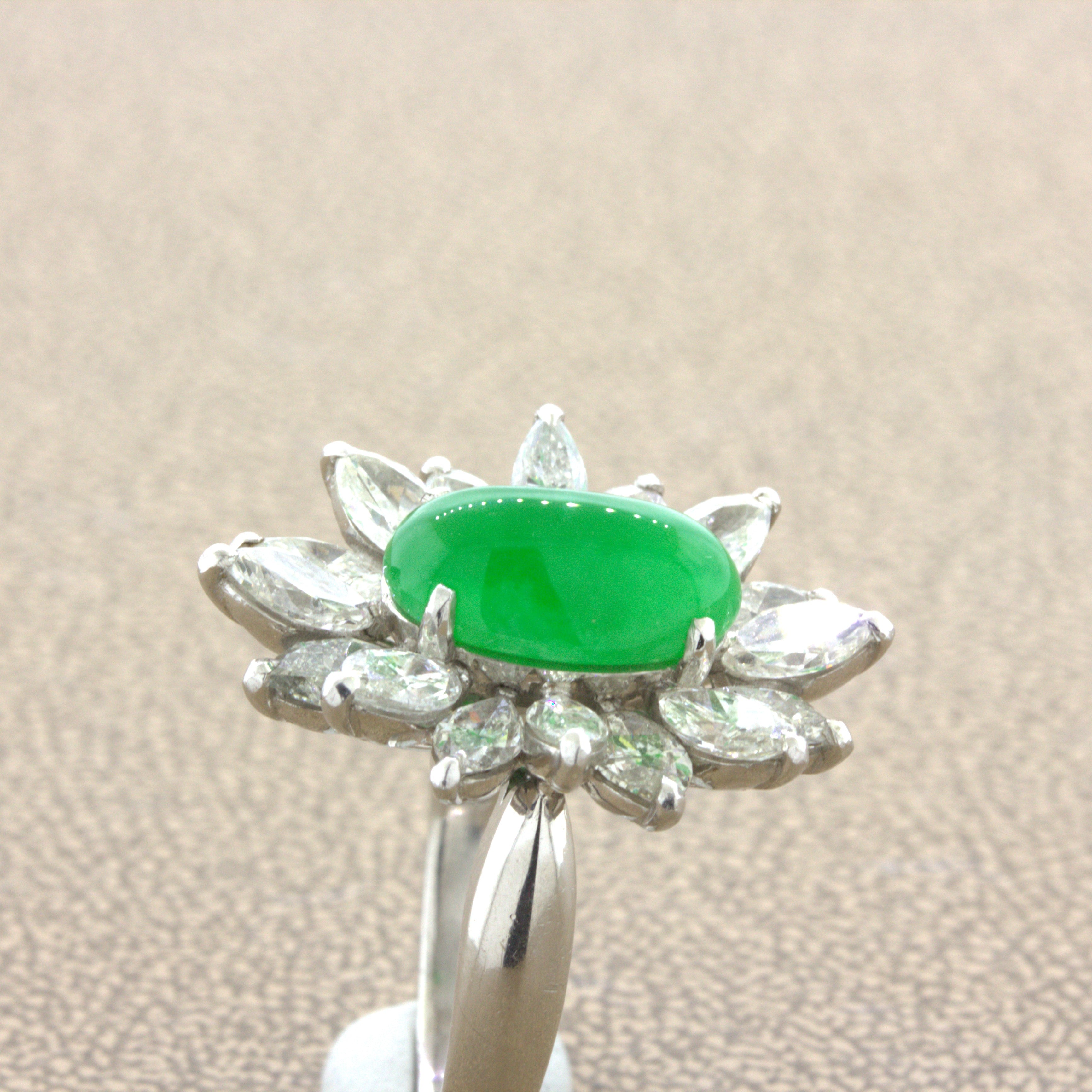 4.13 Carat Jadeite Jade Diamond Sunburst Platinum Ring, GIA Certified “Type A”