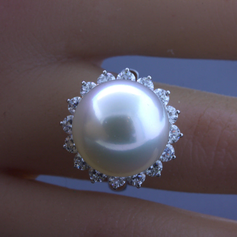 South Sea Pearl Diamond Halo Platinum Ring