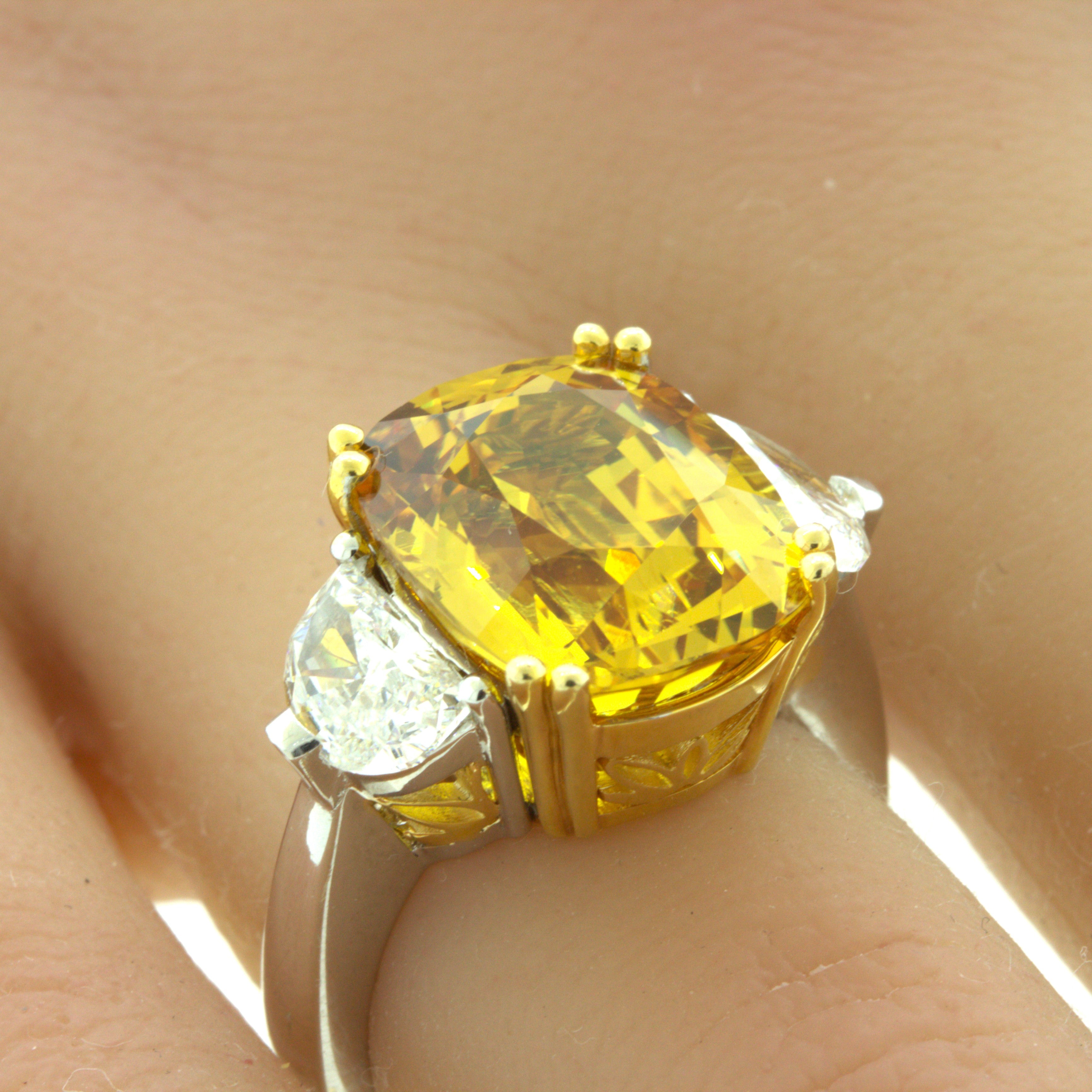 12.35 Carat Fancy Yellow Sapphire Diamond 18K White Gold 3-Stone Ring