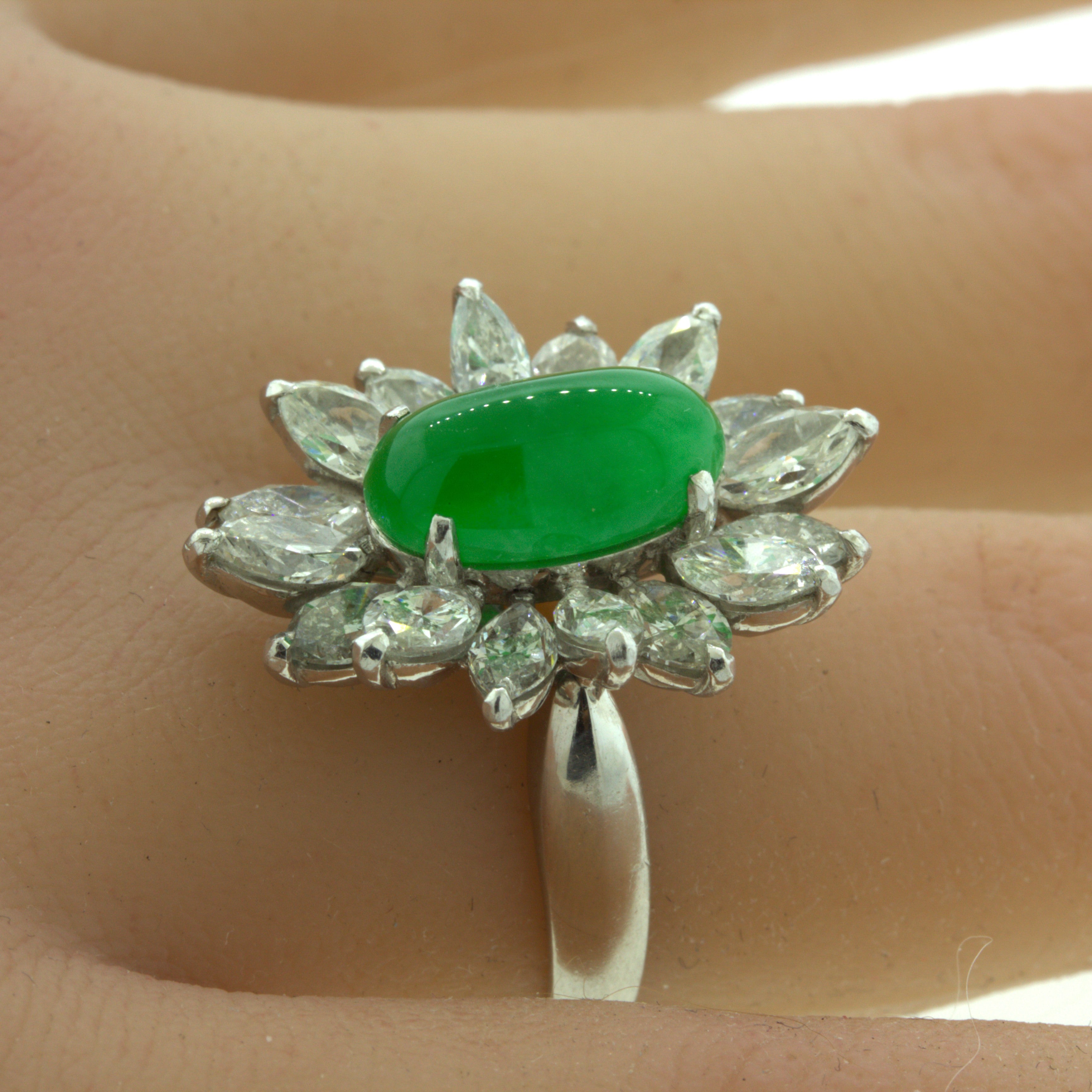 4.13 Carat Jadeite Jade Diamond Sunburst Platinum Ring, GIA Certified “Type A”